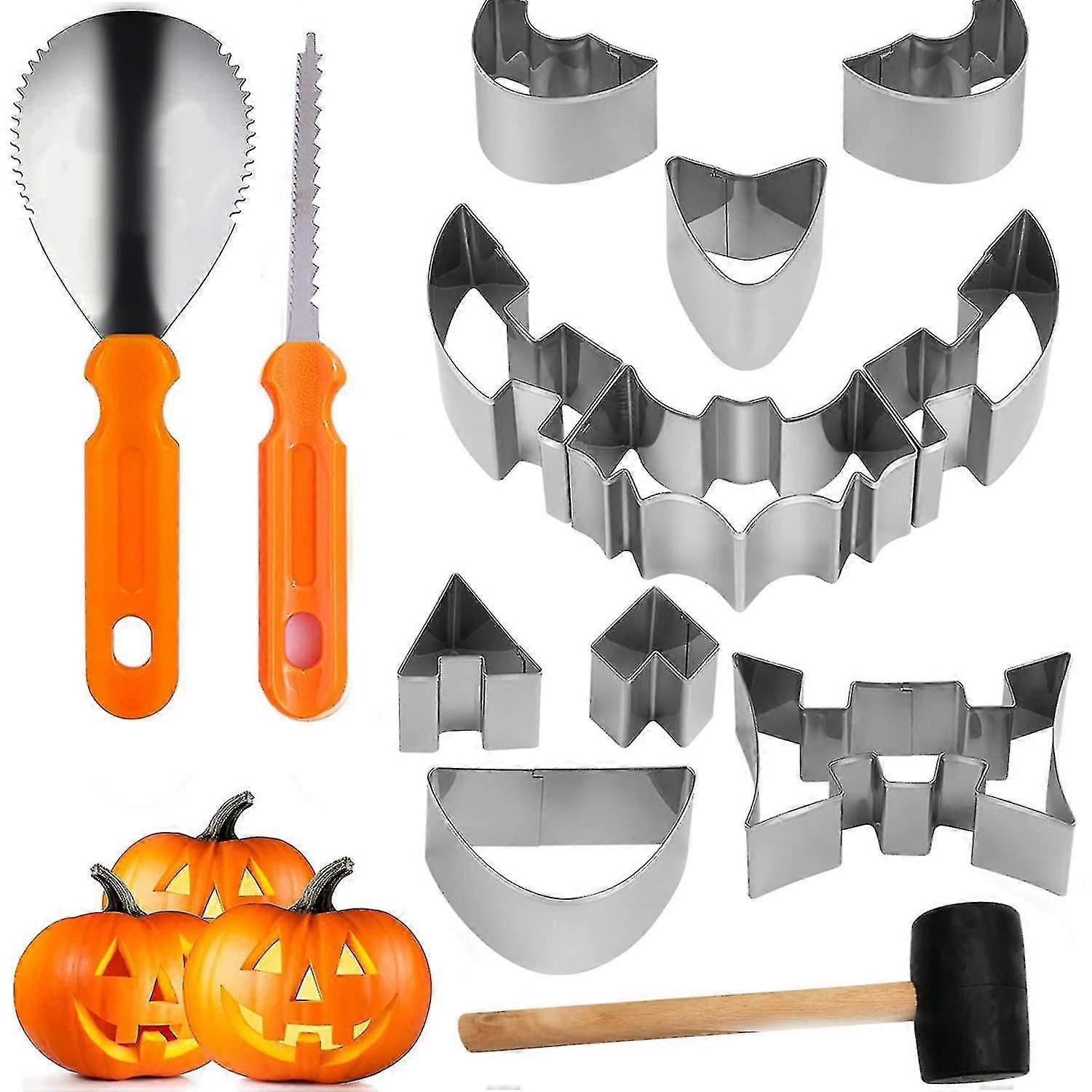 13 kusov halloweenskej tekvicovej rezbárskej súpravy, tekvicových šablón na vyrezávanie, halloweenskych nástrojov na vyrezávanie tekvíc, tekvicových šablón z nehrdzavejúcej ocele s kladivom,