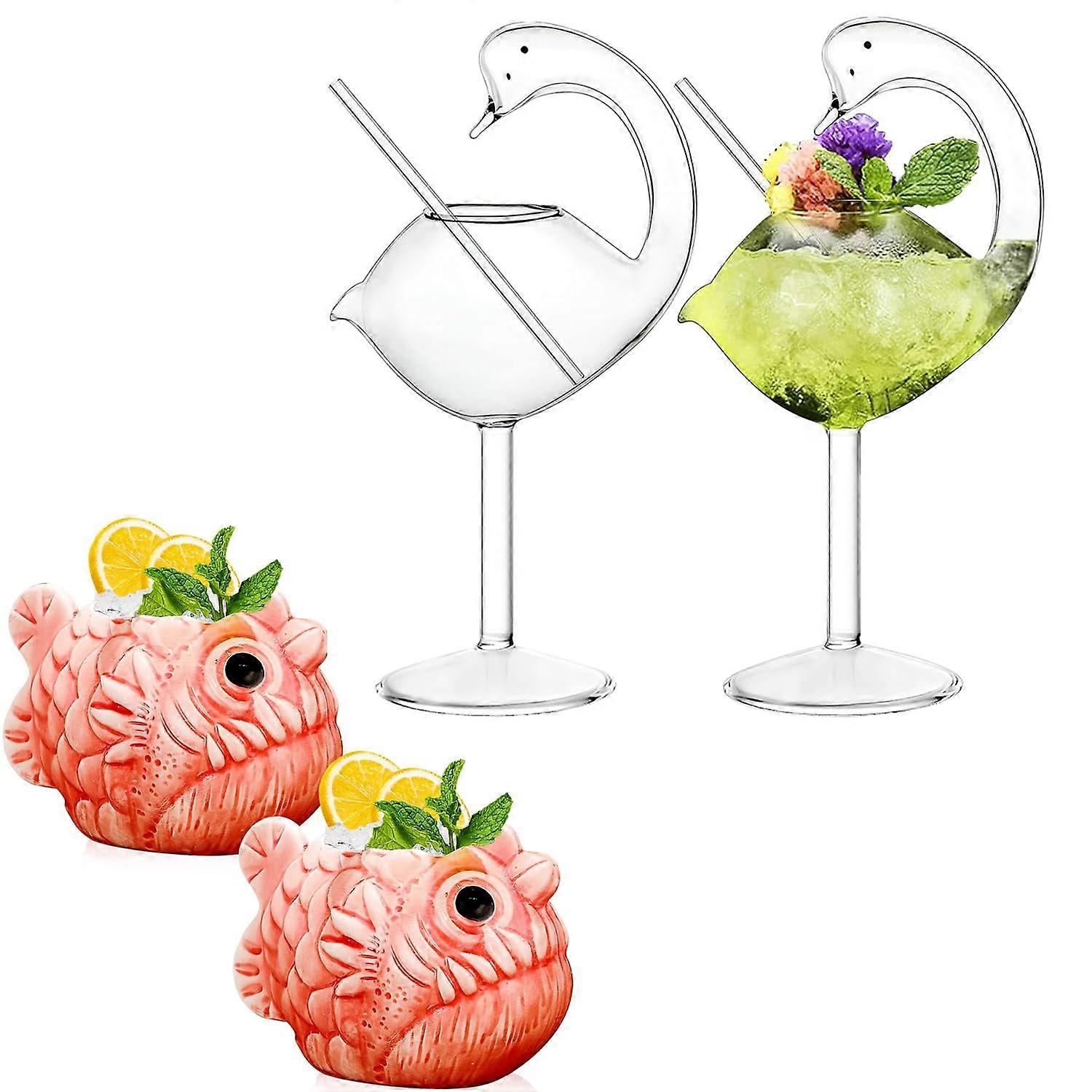 2 sets Tiki mugs and Swan glass for cocktail creative drinking 22oz and 6oz