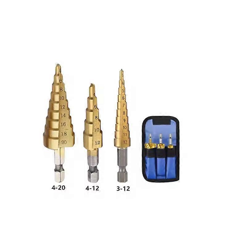 Pagoda Step Drill Bit Set 3-12 4-12 4-20MM HSS with Long Point and Straight Cut, Cloth Bag Packaging, 3Pcs, Retractable Hex Shank for Wood and Metal