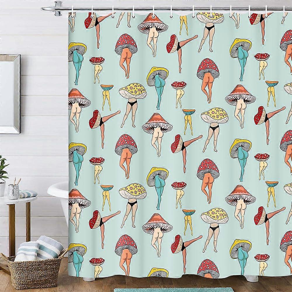 Funny Mushroom Butt Shower Curtain Fabric 70s 80s Retro Style Mushroom Print Cute Decor