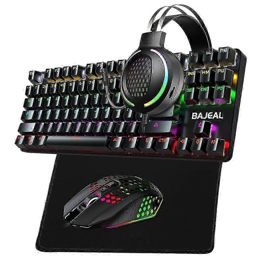 Black Wired Mechanical Keyboard Mouse & Mat Headset Kit Laptop Computer PC Games
