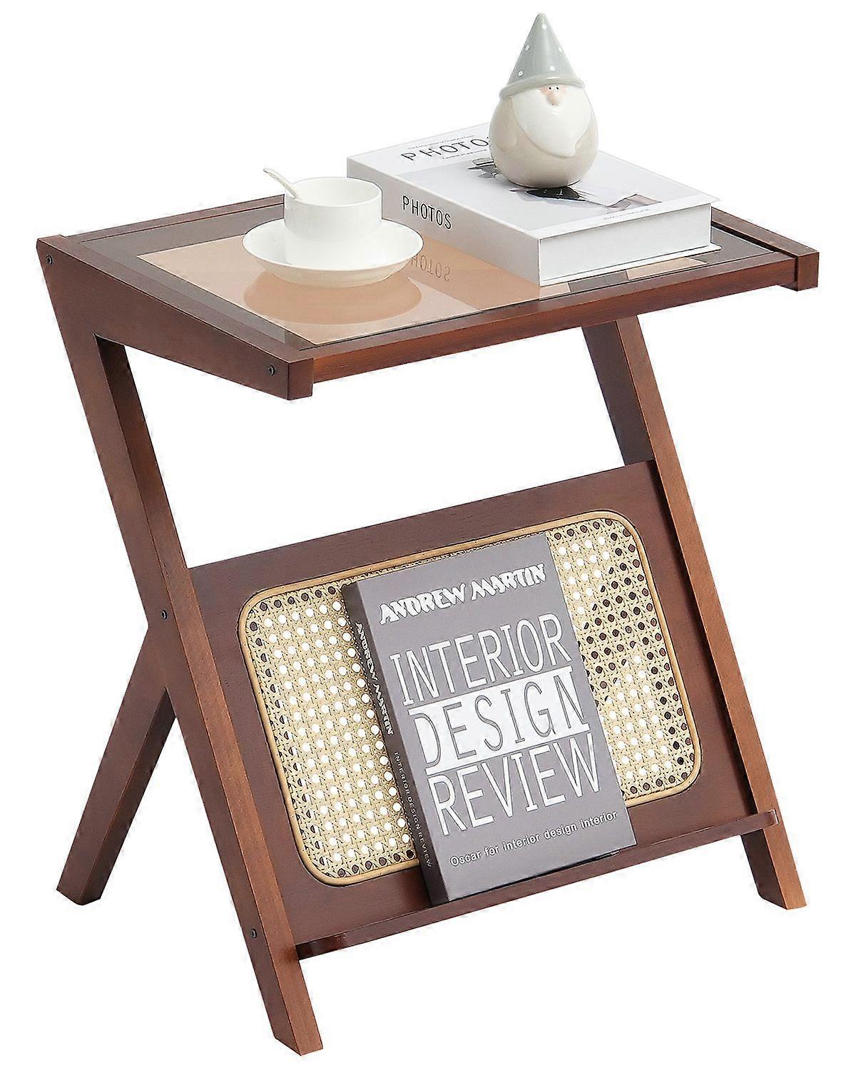 Rotan salontafel, Z-vormige rotan geweven bamboe salontafel met gehard glazen blad, 20 opbergbare salontafel met natuurlijke bamboe poten