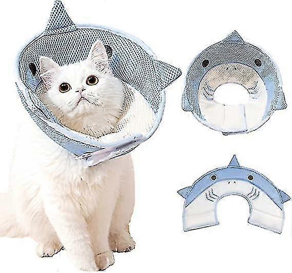 Cat Cone Collar Soft, Cute Shark Design Adjustable Cat Recovery Collar, Lightweight Breathable Fasteners Collars After Surgery KB