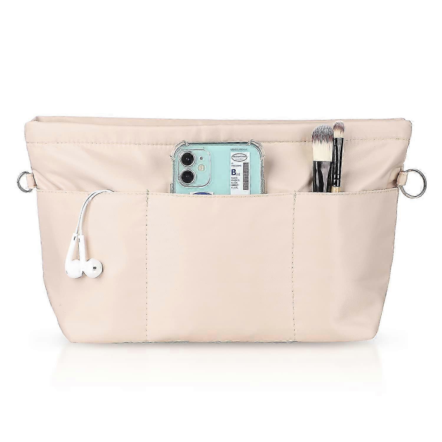 Waterproof Nylon Handbag Organiser with Key Ring & Inner Pockets, Beige, Medium