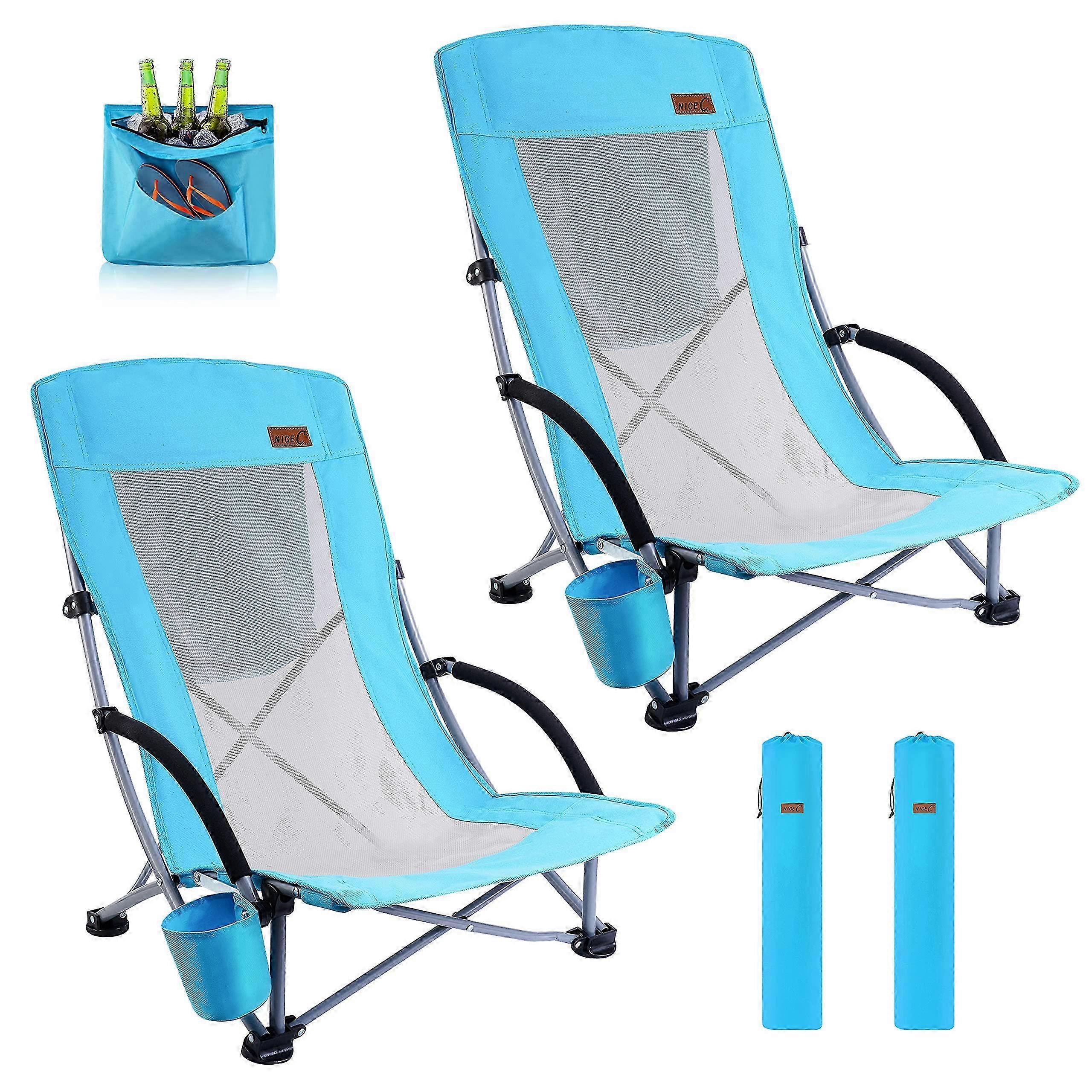 2-Pack Cooled Compact High Back Beach Chairs with Cup Holder & Carrying Bag