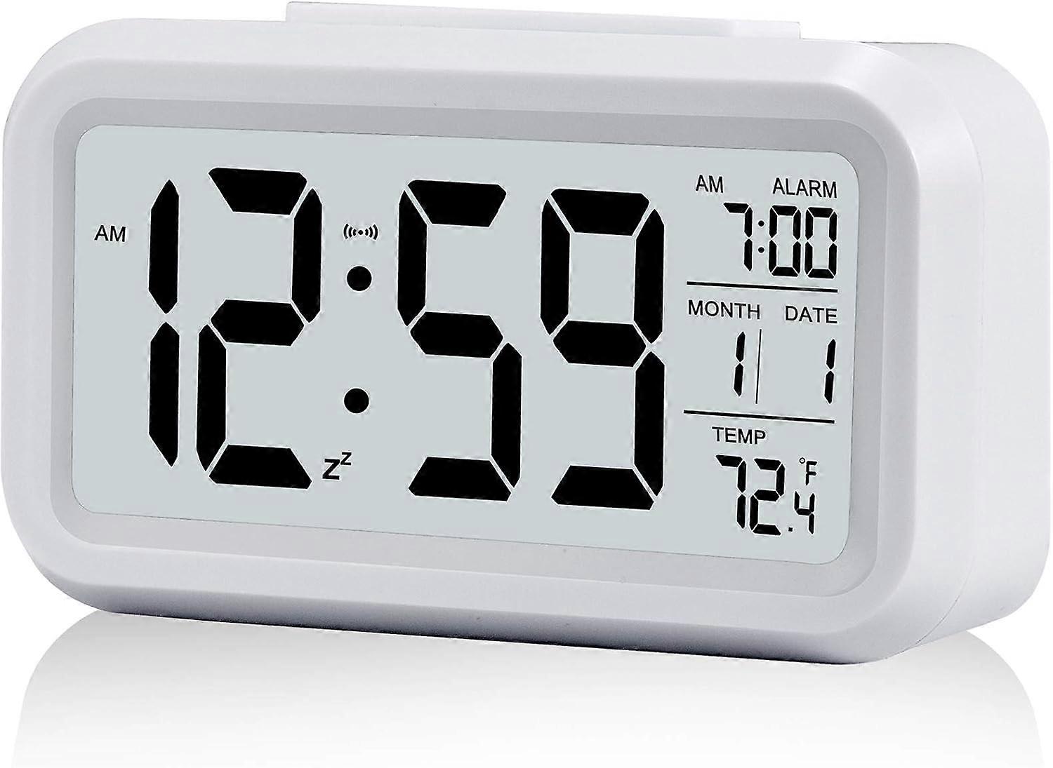 Digital Alarm Clock,Battery Operated Small Desk Clocks,with Date,Indoor Temperature  - White
