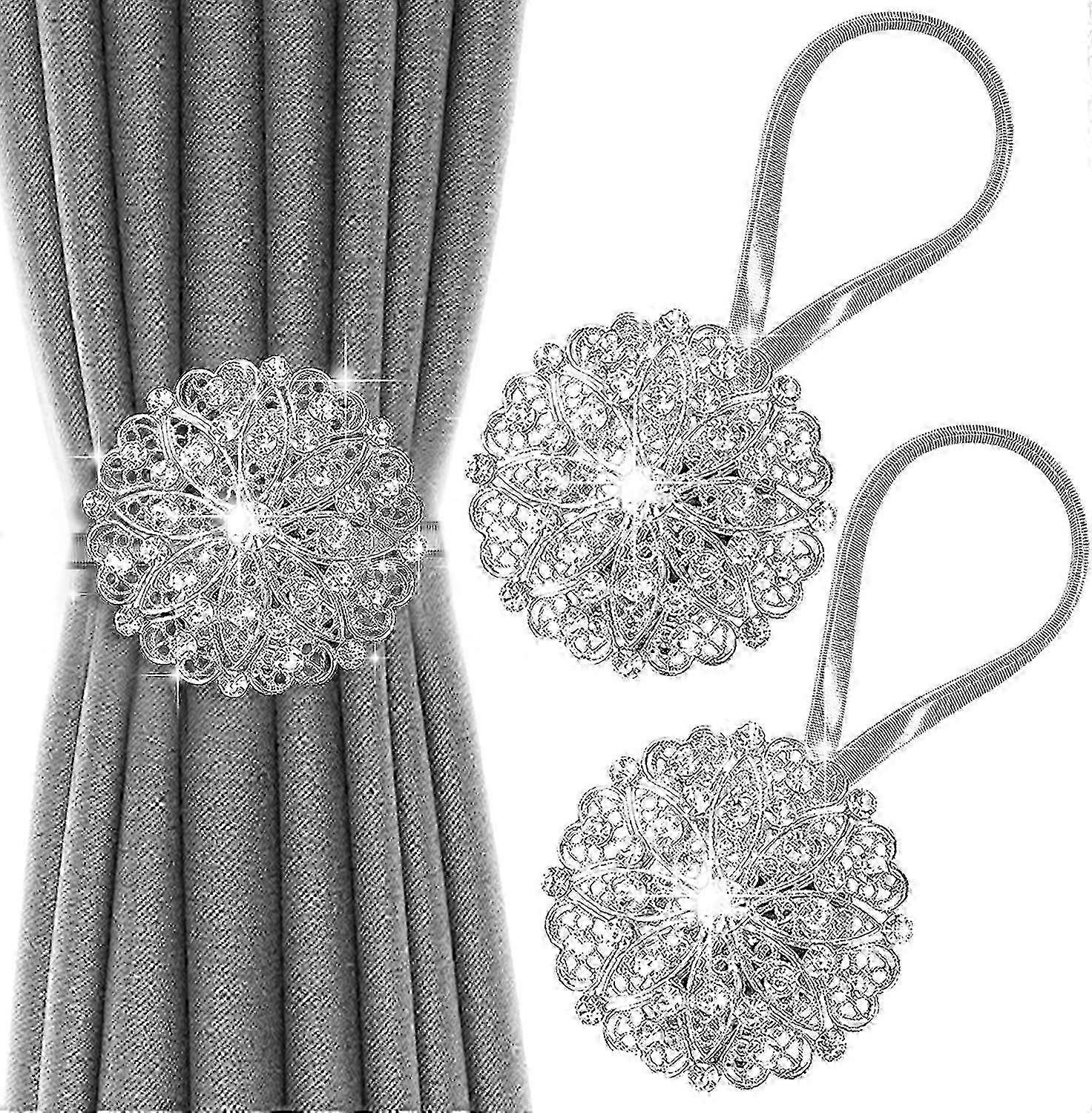 Magnetic Floral Curtain Tie Backs, No Drilling Holdbacks (Silver 2 Pack)