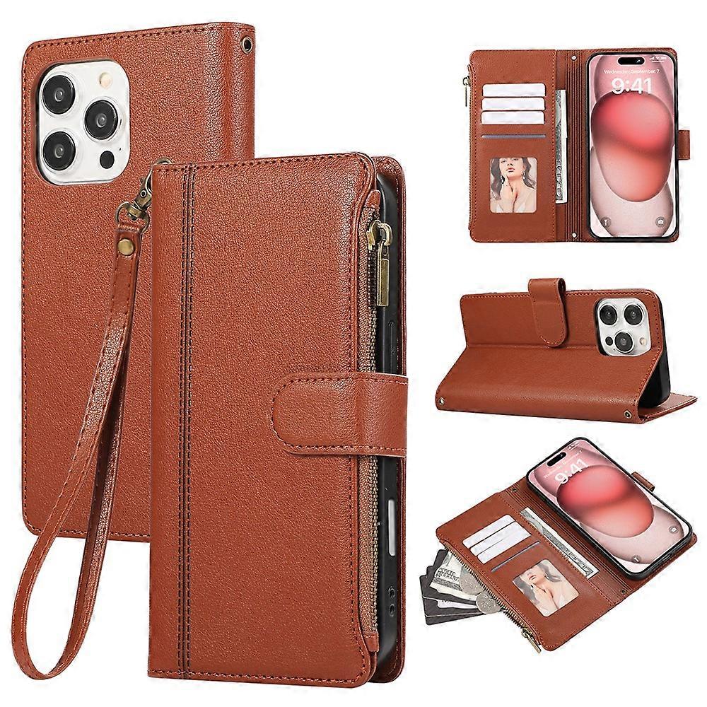 Compatible For iPhone 16 Pro Max Case Multi Card Slots Zipper Leather Phone Cover with Wrist Strap