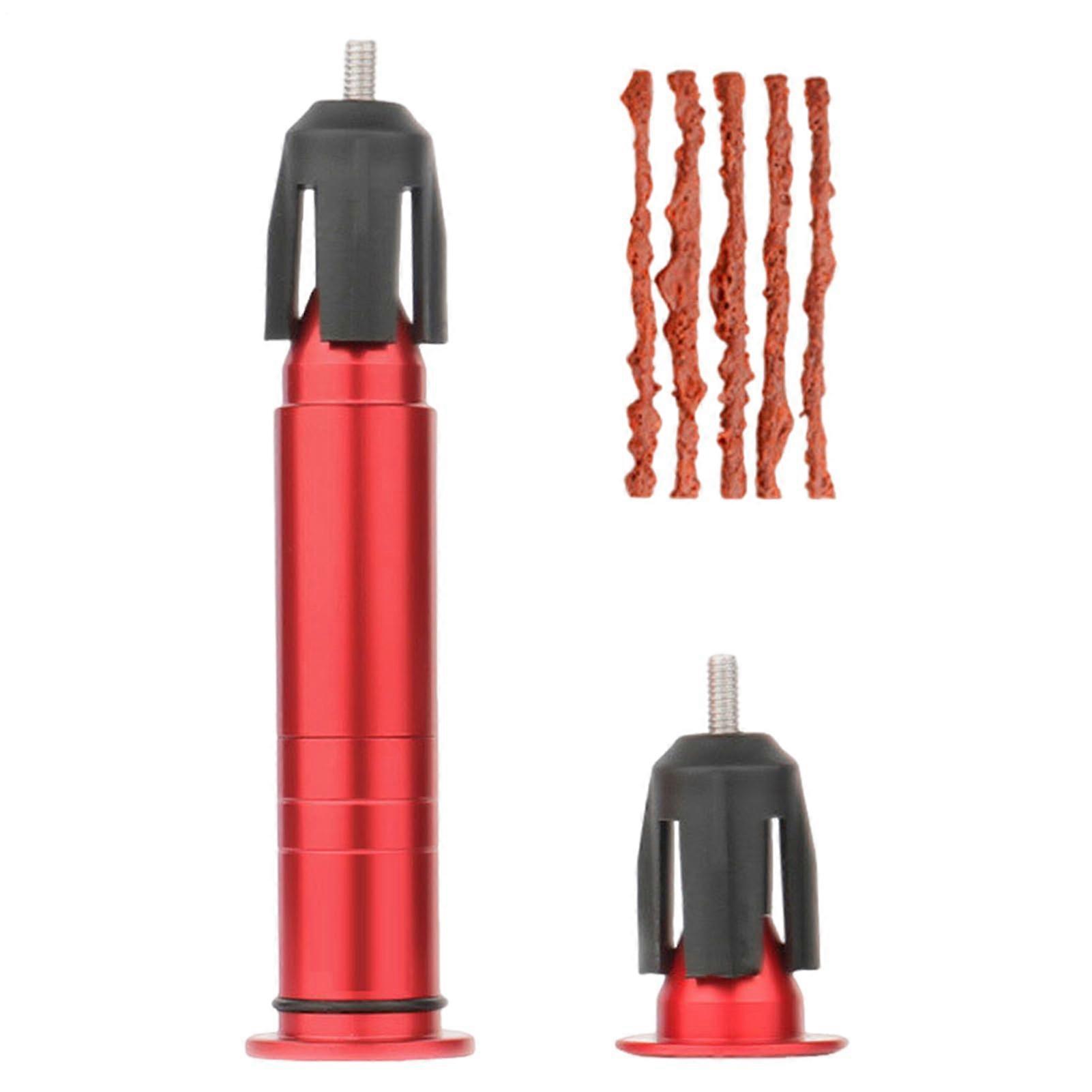Portable Tubeless Bike Tire  Kit – Flat Fixing Tool with 5 Plugs, Tubeless Handlebar End Cycle Accessory for Men and Women, Red