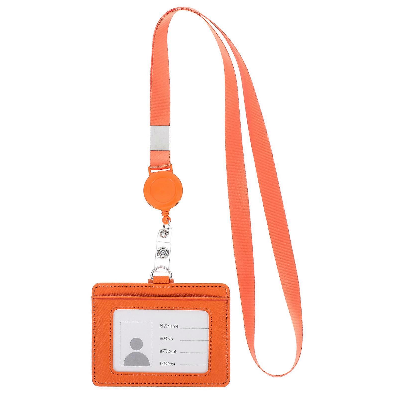 Id Badge Holder Leather Replaceable Card Insert Adjustable Pu Id Badge Holder With Lanyard For Events Trade Shows Orange 1Pack