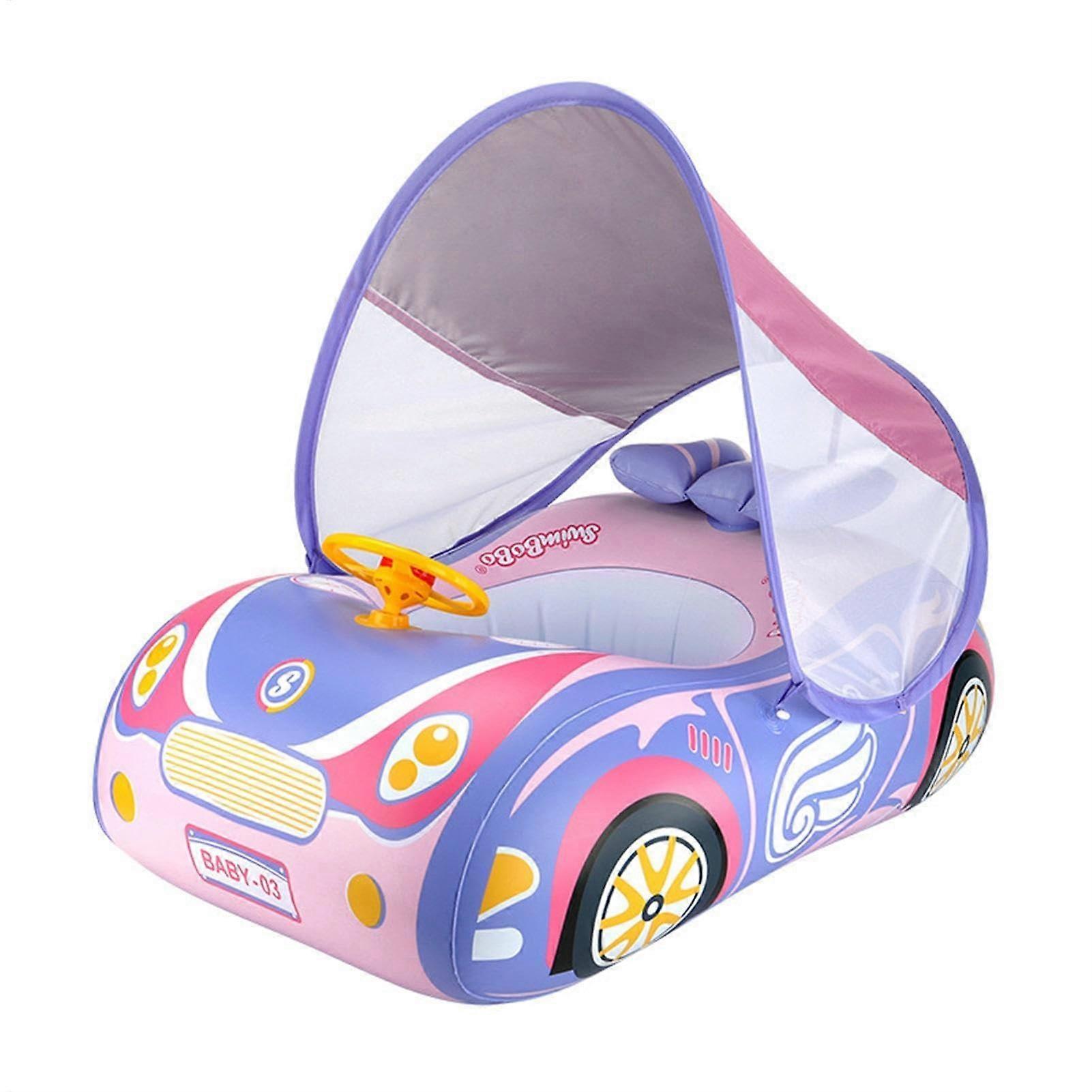 Baby Swimming Float For 1-Year-Olds Car-Shape Float With Steering Wheel And Sun Canopy Pink