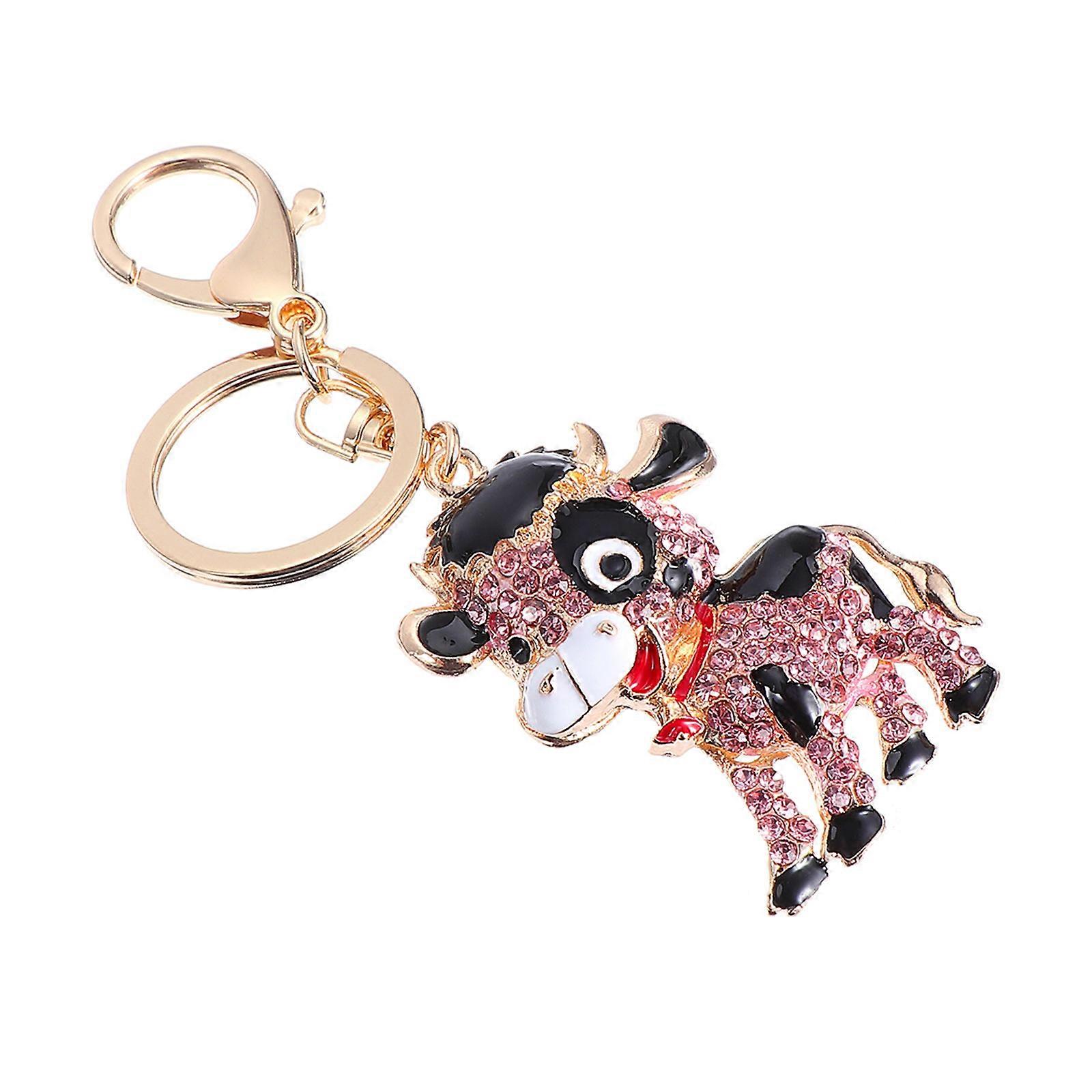 Animal Patterned Keychain Cow Shape Metal Key Ring Bag Accessory Pink 1Pc