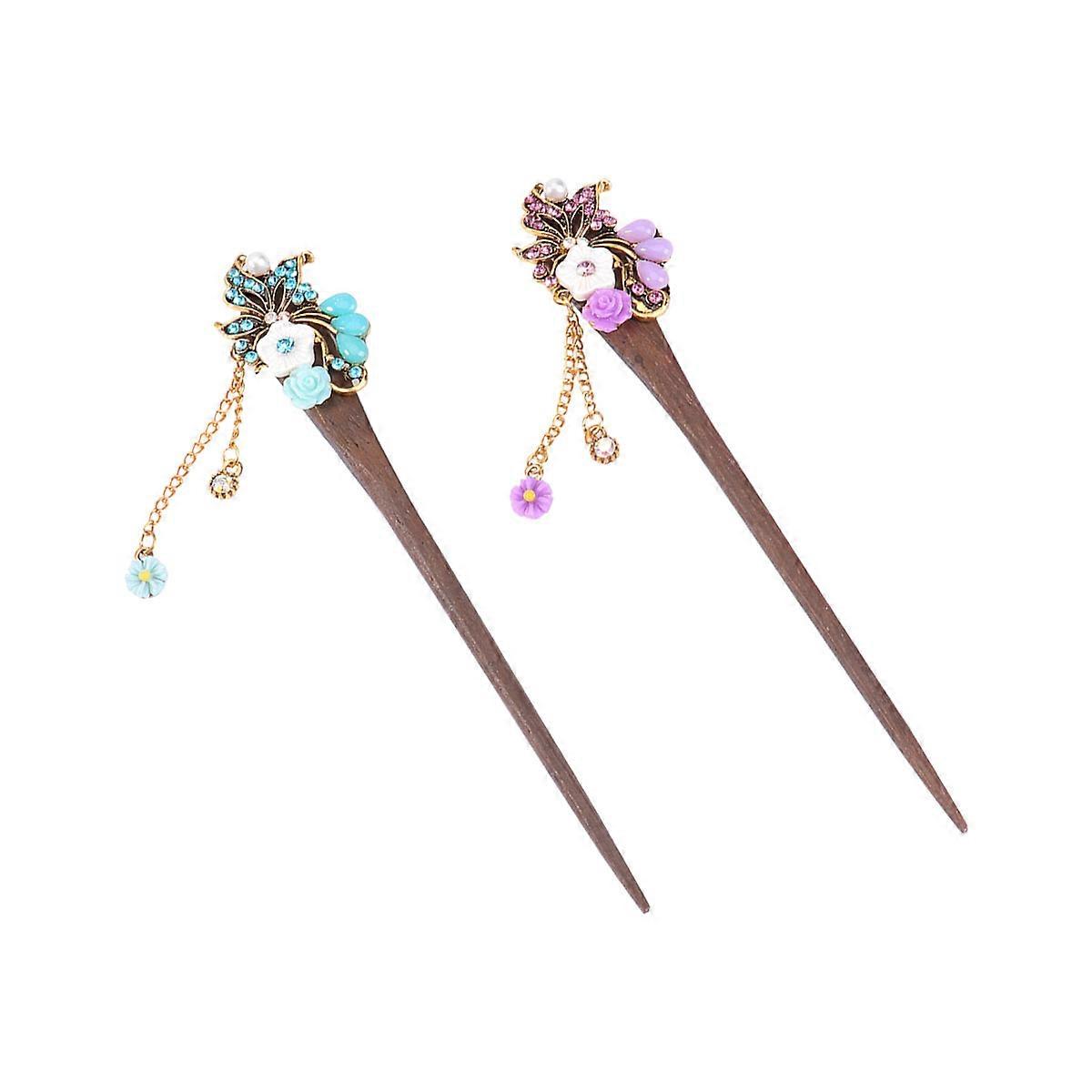 Wooden Hairpin with Rhinestone Design for Decor Assorted Color Composite Material 2 Pieces