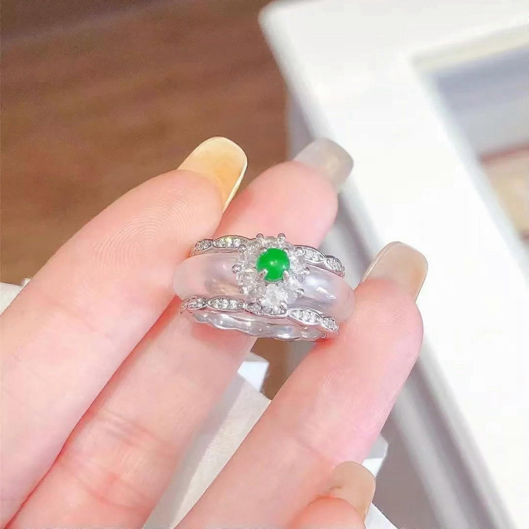 Natural White Chalcedony Ring 925 Sterling Silver Inlay With White Agate Accent