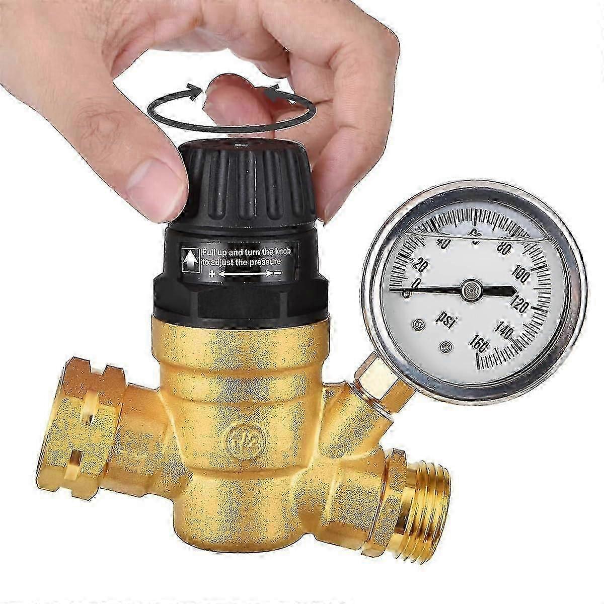 SOEKAVIA RV vandtryksregulator, messing blyfri justerbar RV vandtryksregulator med måler, RV vandregulator til autocamper rejsetrailere