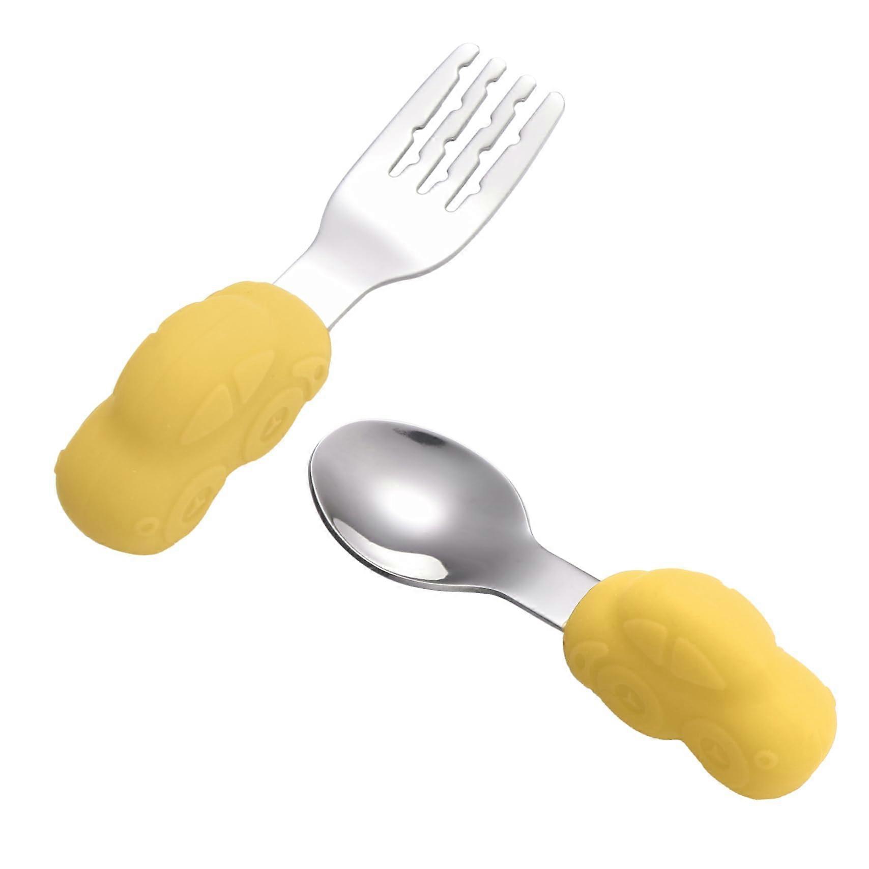 1 Pair Training and Stainless Steel Utensils Fork and Spoon Safe and Durable Tableware for Weaning Comfortable Cartoon Design Portable