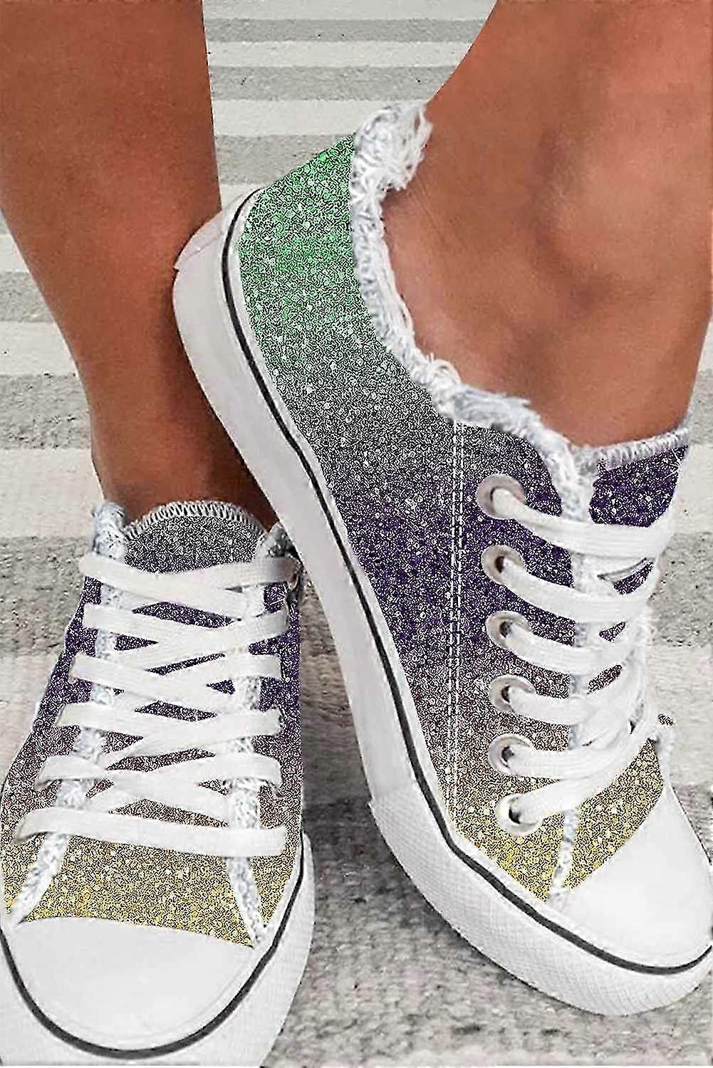 Women's Multicolor Shiny Gradient Raw Hem Lace-up Flat Canvas Shoes