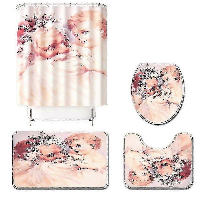 サンタクロースプリント防水シャワーカーテン4ピース滑り止めトイレカーペットセットトイレ用