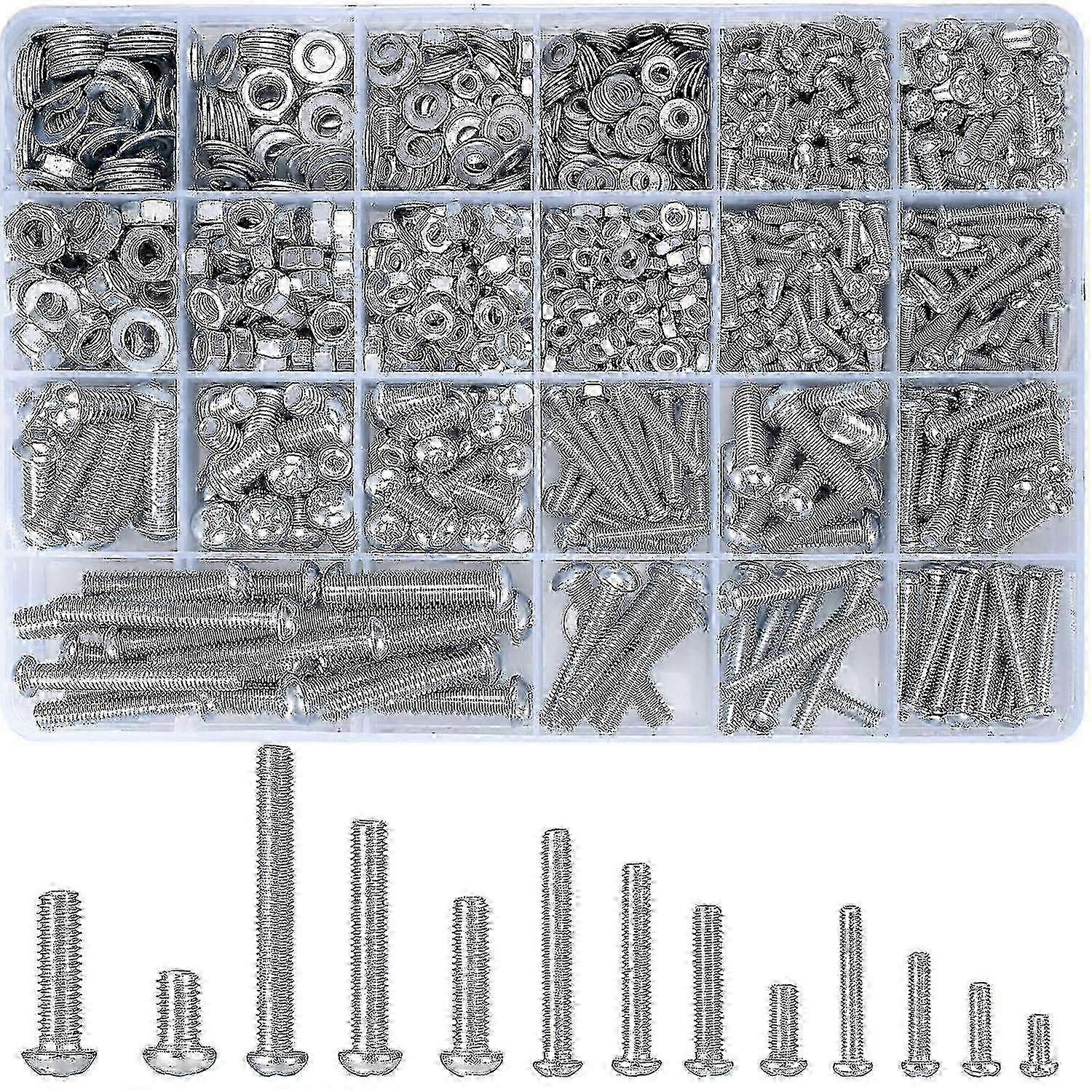 1080pcs M3 M4 M5 M6 Threaded Screws Set With Hex Nuts And Washers, Round Head Screws, Phillips Screws, Machine Screws Assortment Kit