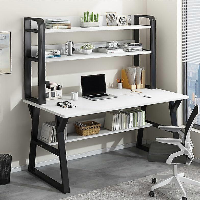 Modern Computer Desk With Shelves And Bookshelf Sturdy Metal Frame 31 Inch White And Black Home Office Writing Desk