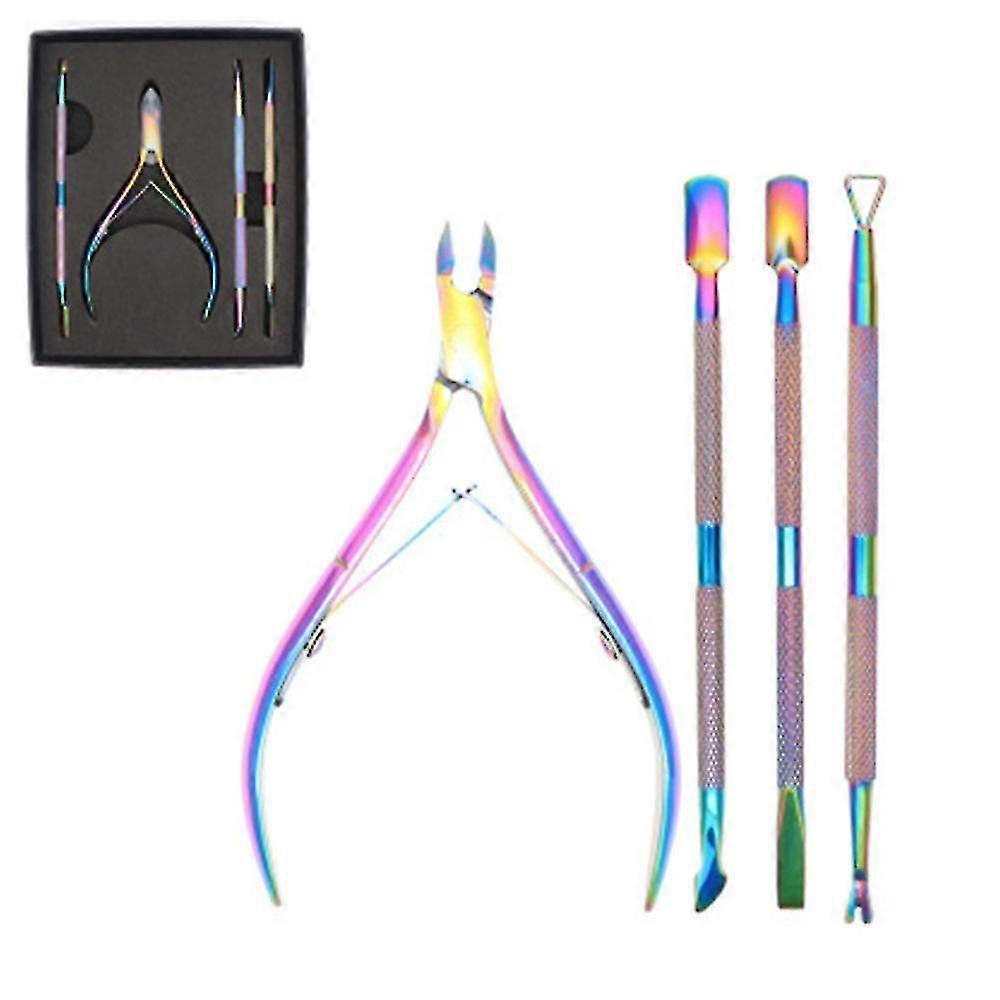 4 قطع الفولاذ المقاوم للصدأ مسمار مقص بشرة مجموعة، متعددة الوظائف بشرة كماشة الصلب دفع مجموعة لليدين مانيكير اصبع القدم مسمار وباديكير