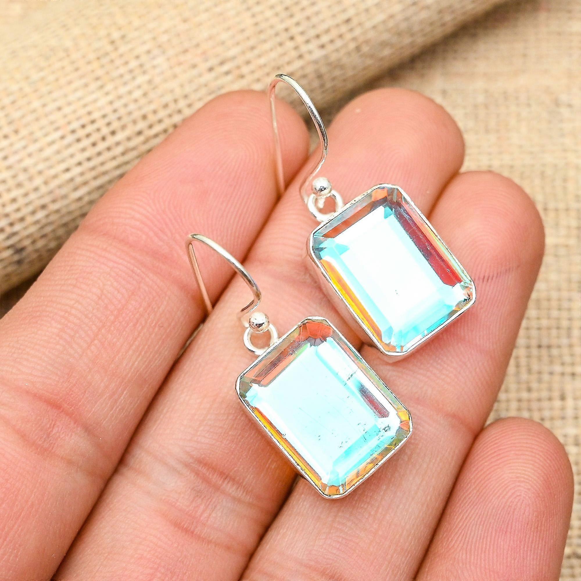 Orecchini fatti a mano in argento sterling massiccio 925 con pietra preziosa e topazio mistico per lei