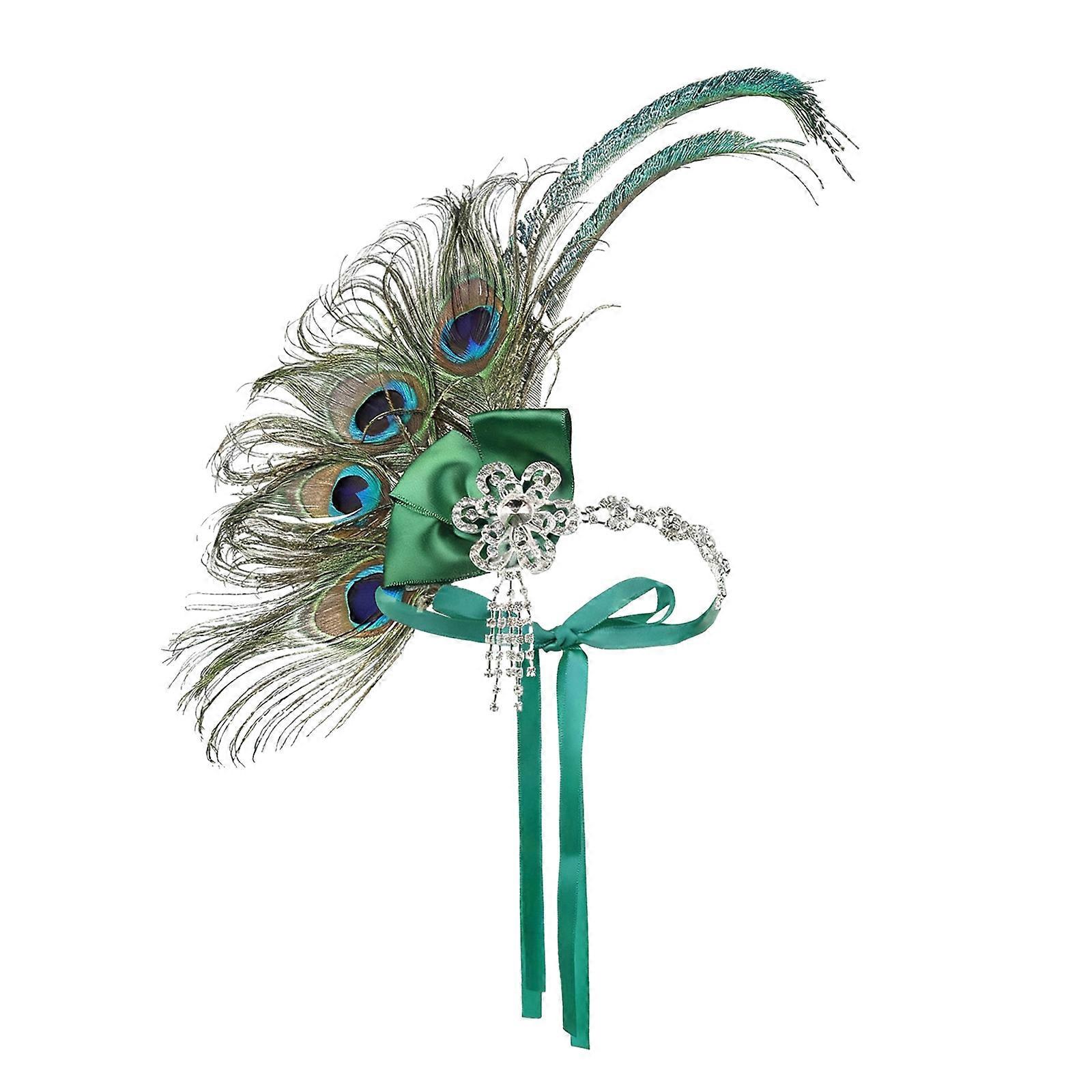 Elegant Style Feather Headband With Sparkling Rhinestones And Flowing Fringe Hair Decoration For Themed Parties  p blue