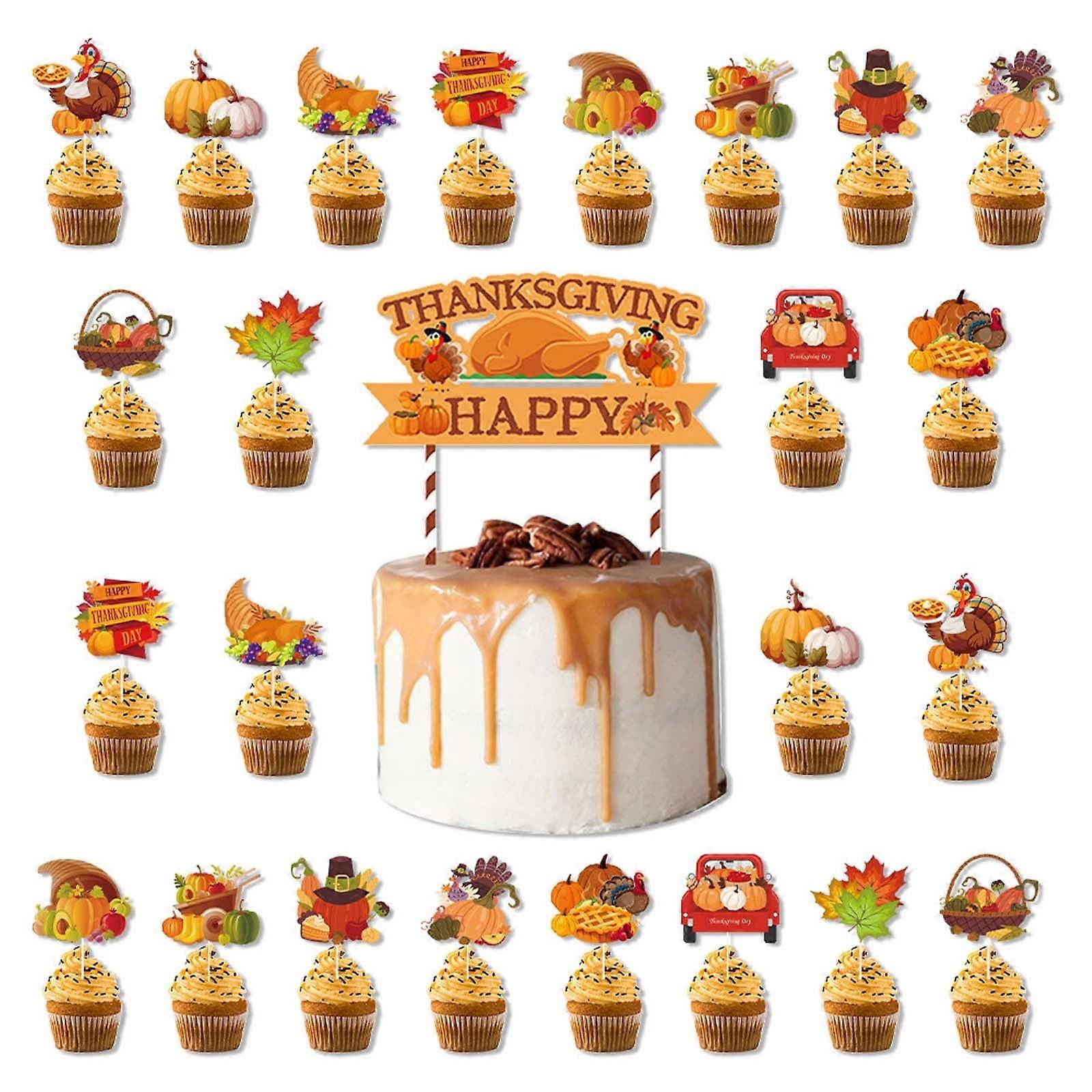 25Pcs Fall Thanksgiving Theme Baking Cake Paper Size Flag Insert Party Decoration Insert Set Supplies