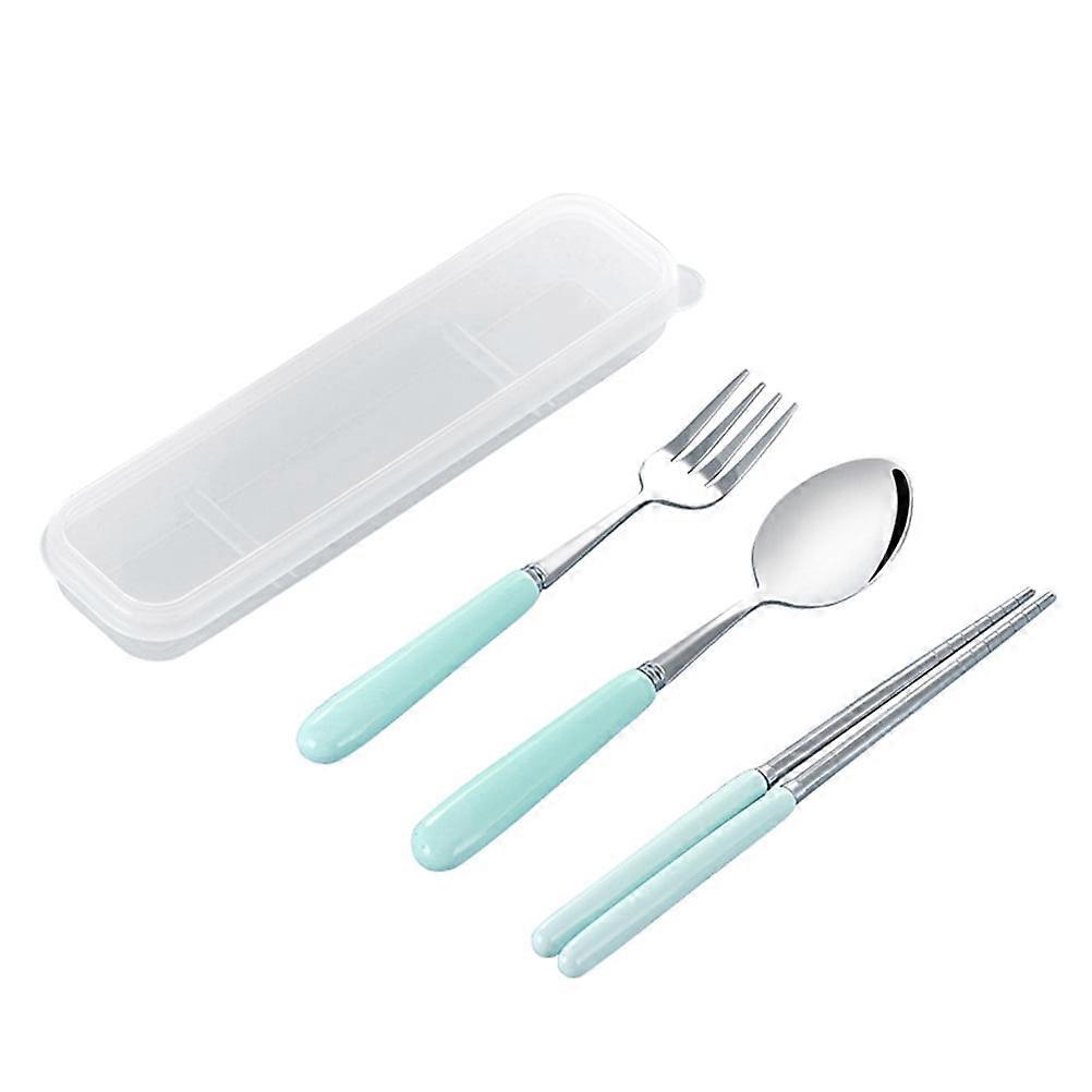 Stainless Steel Chopsticks Spoon Fork Cutlery Set Ceramic Handle Portable Tableware with Case for Travel Home Camping (Blue)