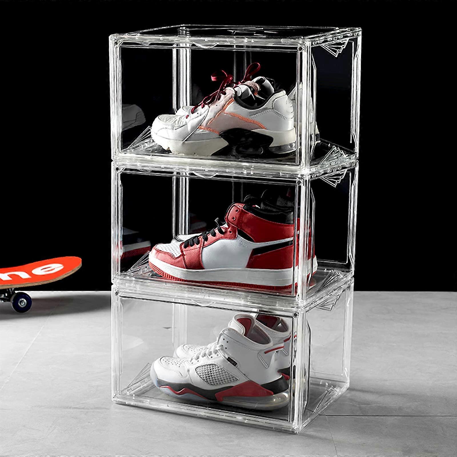3Pack Clear Shoe Storage Box with Magnetic Side Opening, Stackable Sneaker Display Case, Large Transparent Organizer