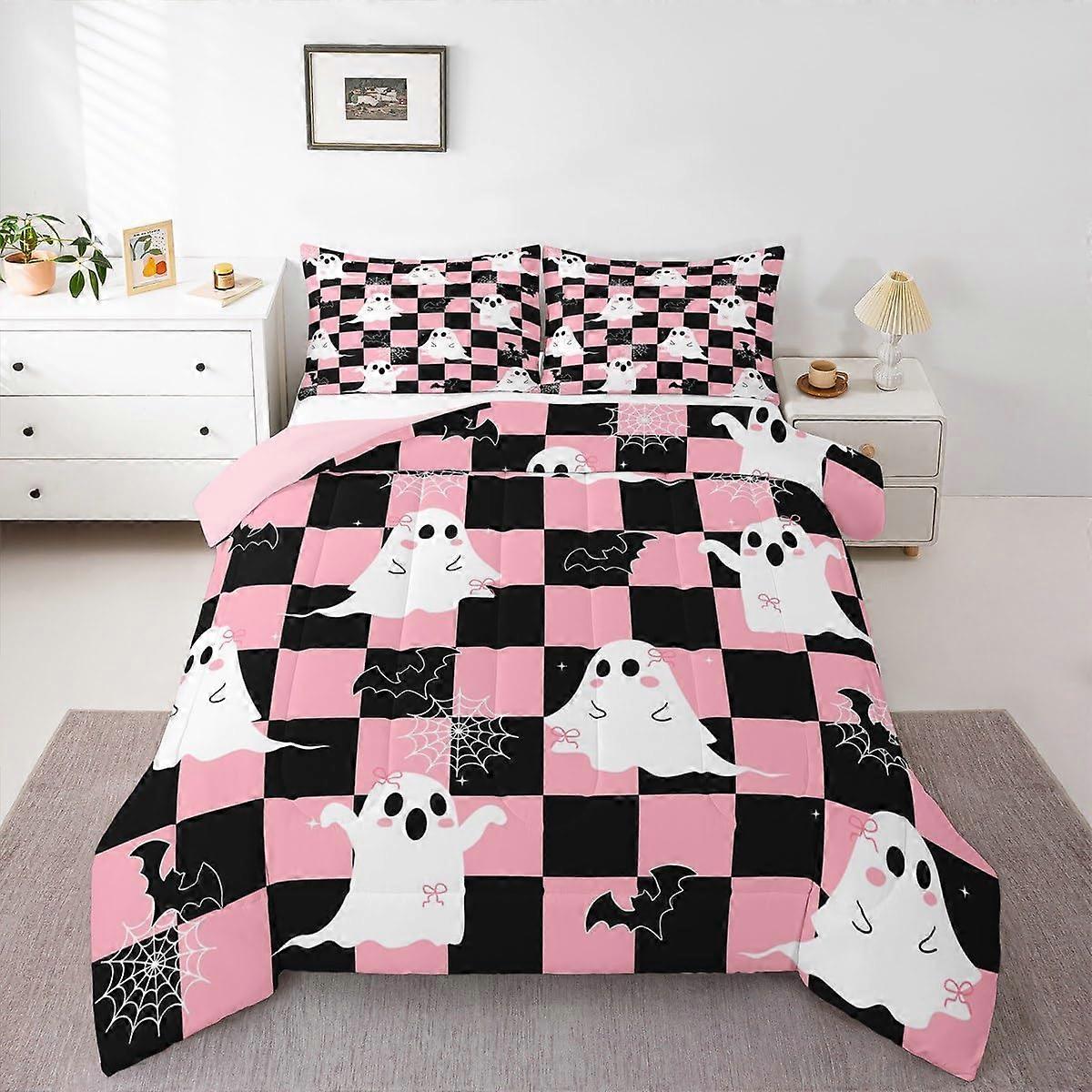 Halloween Twin Bedding Set with Kawaii Bowknot Ghost Quilt and Gothic Spider Web Design