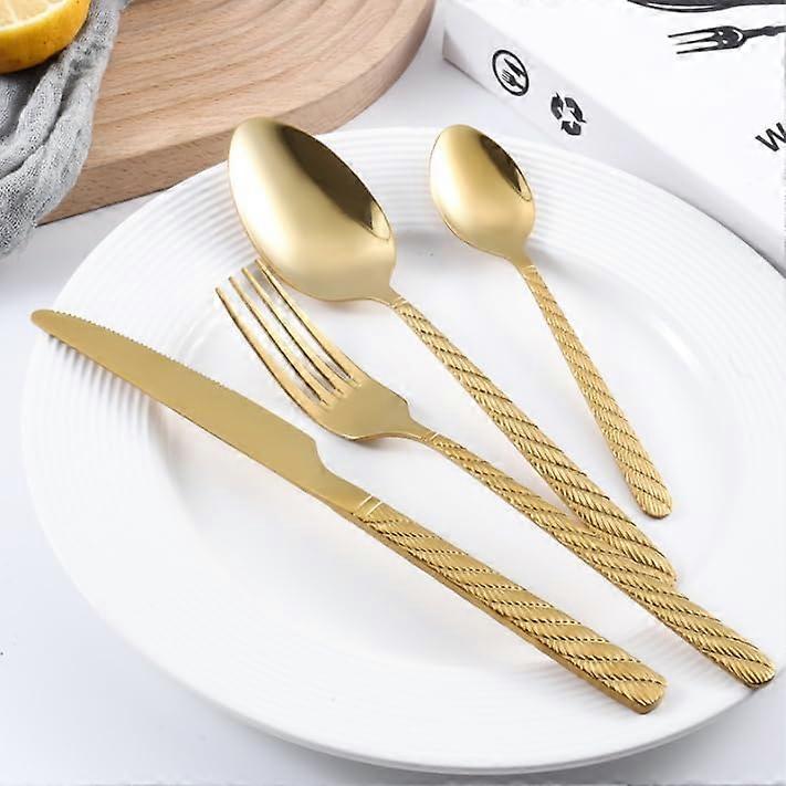 Gold Stainless Steel Flatware Set for 6, 24pcs Gold Silverware with Spiral Handle, Dishwasher Safe