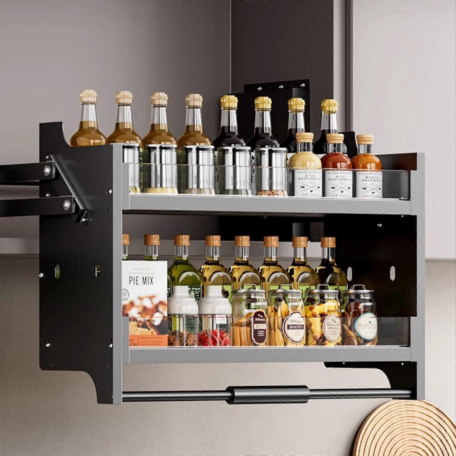 2Tier Pull Down Cabinet Organizer for Kitchen Upper Cabinets, Adjustable Heavy Duty Spice Rack Storage