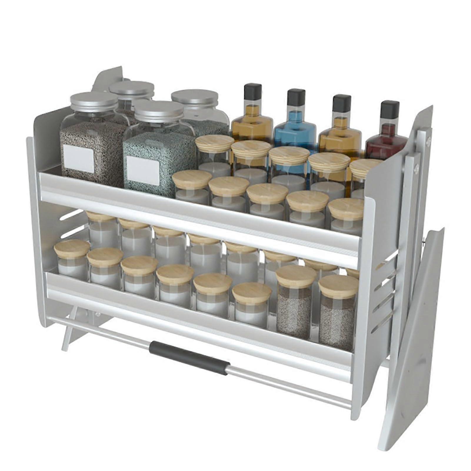 Pull Out Cabinet Organizer 2 Tier Adjustable Heavy Duty Wall Mounted Pull Down Shelf with Guardrails 60cm