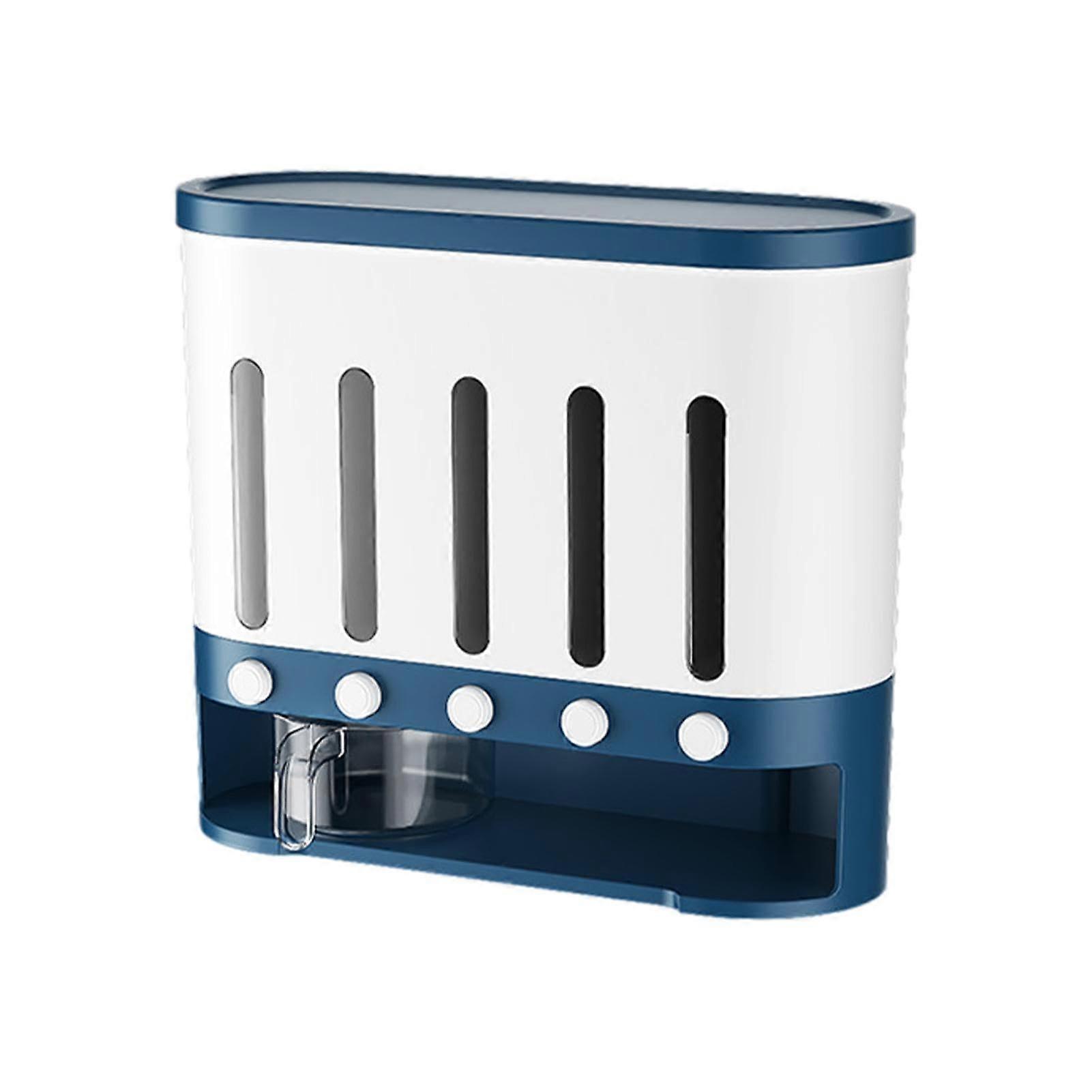 Large Capacity Cereal Dispenser 9kg with 5 Compartments Visible Window Kitchen Grain Storage Blue