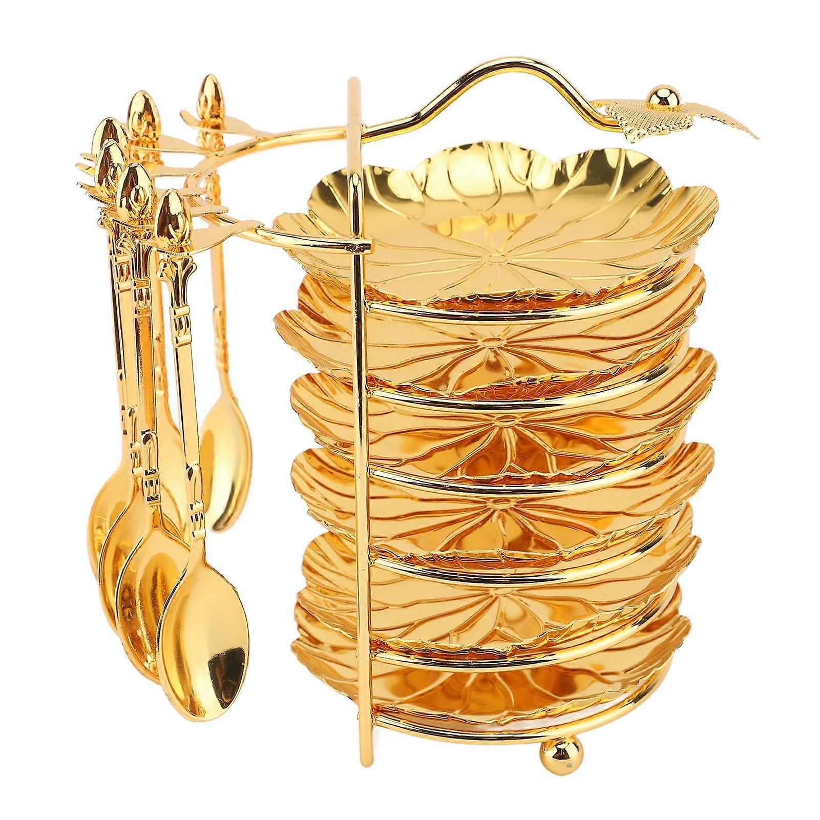 European Style Plate and Spoon Set with Storage Rack, Zinc Alloy Trays for Steaks Fruits Cakes