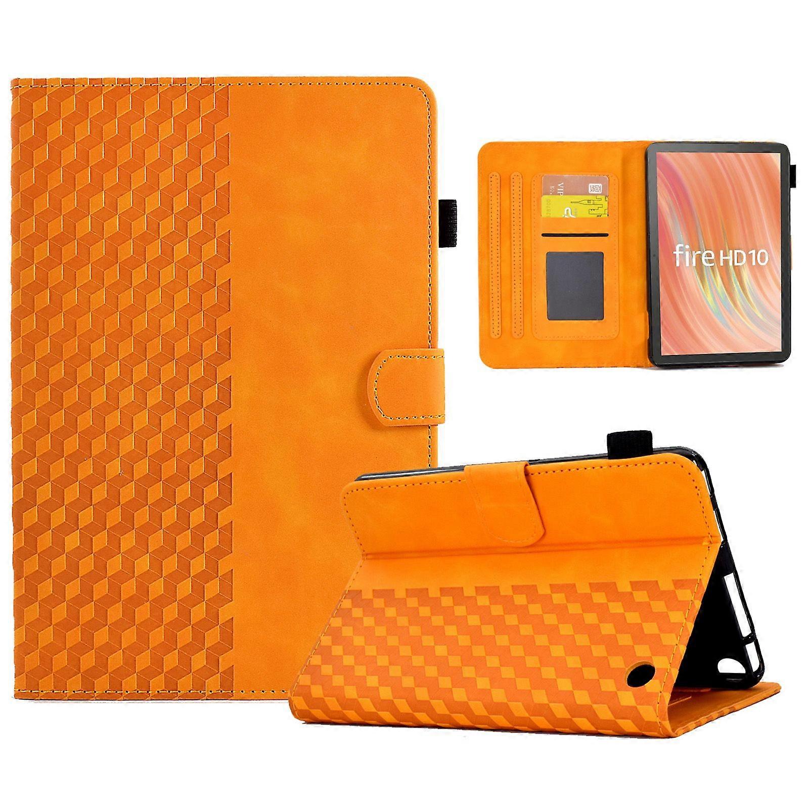 A6 For Amazon Fire HD 10 (2023) Leather Case Block Pattern Imprinted Card Slots Tablet Cover