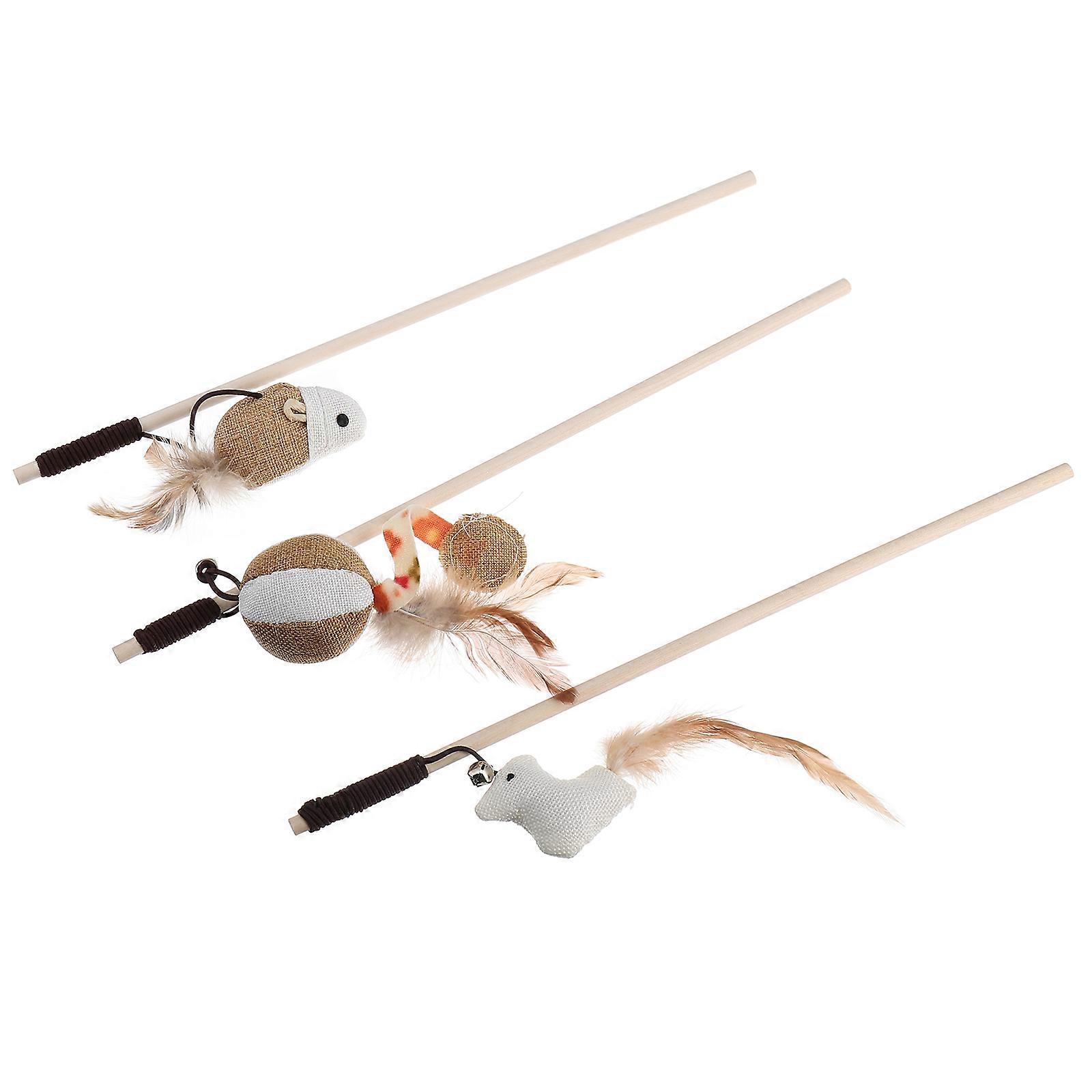 Pet Cat Teasing Stick Indoor Playtime Wood Plastic 3Pcs