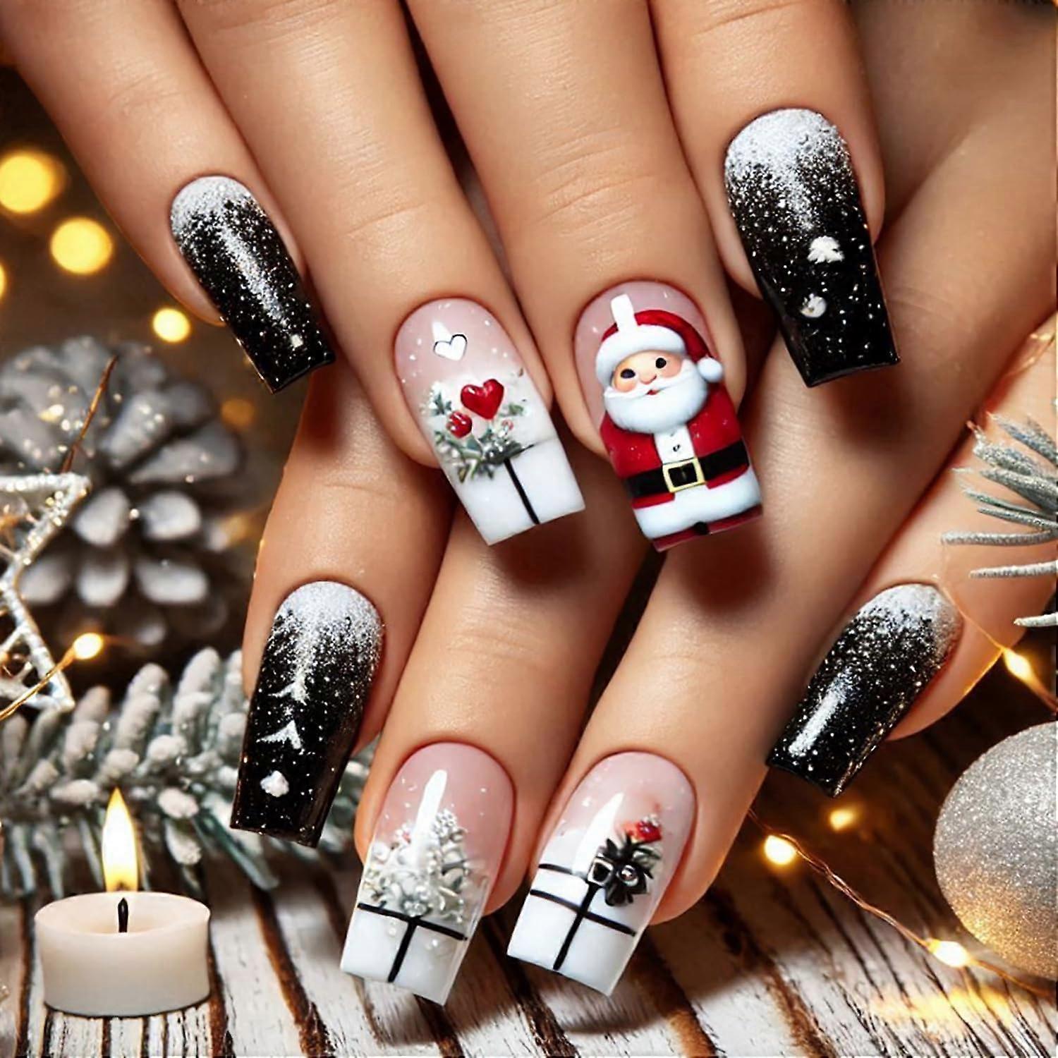 Christmas Press On Nails Set Medium Square Fake Acrylic Nails with Reusable Adhesive Tabs
