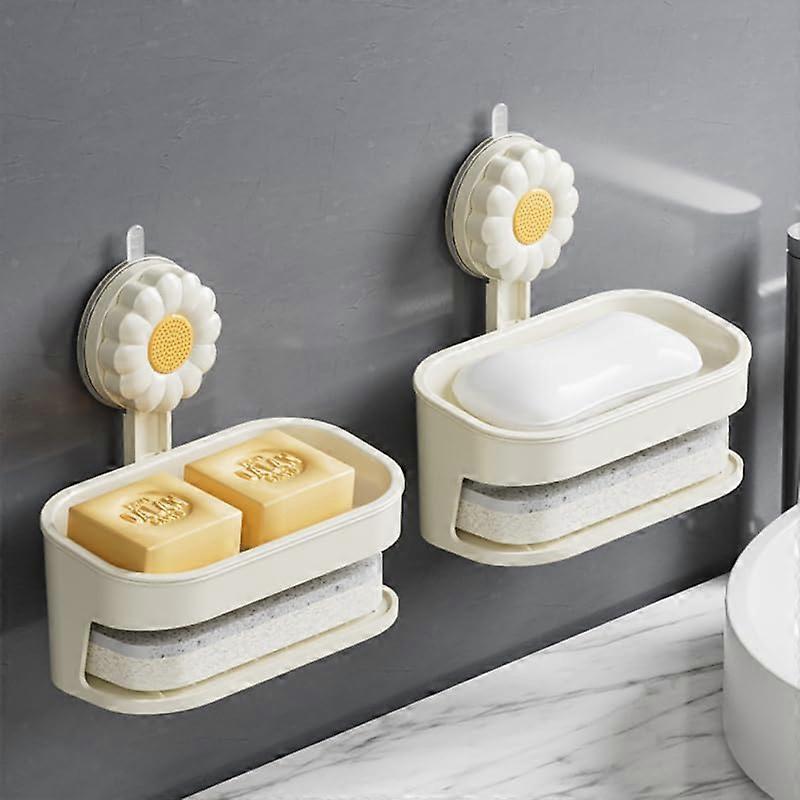 Wall Mounted Soap Dish with Suction Cup, Double Layer Self Draining Shower Soap Holder, Beige