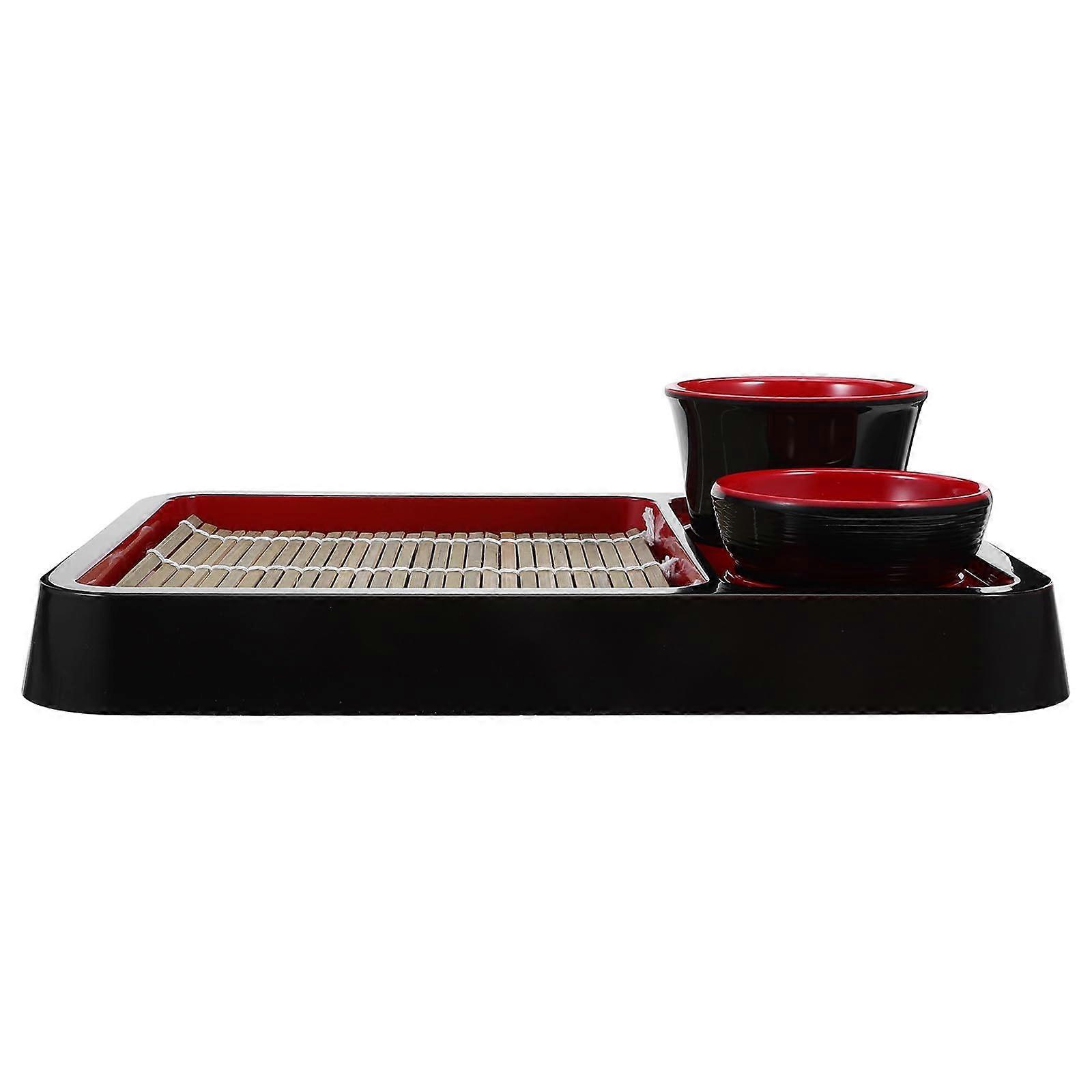 Japanese Soba Noodle Plate with Bamboo Mat, Lightweight Rectangular Cold Noodle Serving Tray