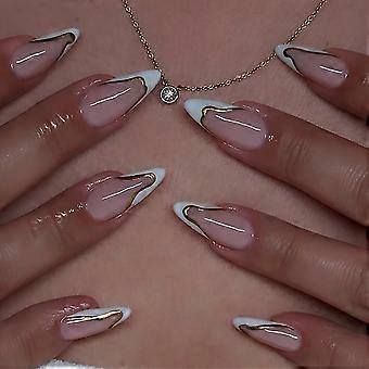 Almond Shape Press on Nails Medium Nude White and Gold Design Fake Nails Complete Nail Kit 24Pcs