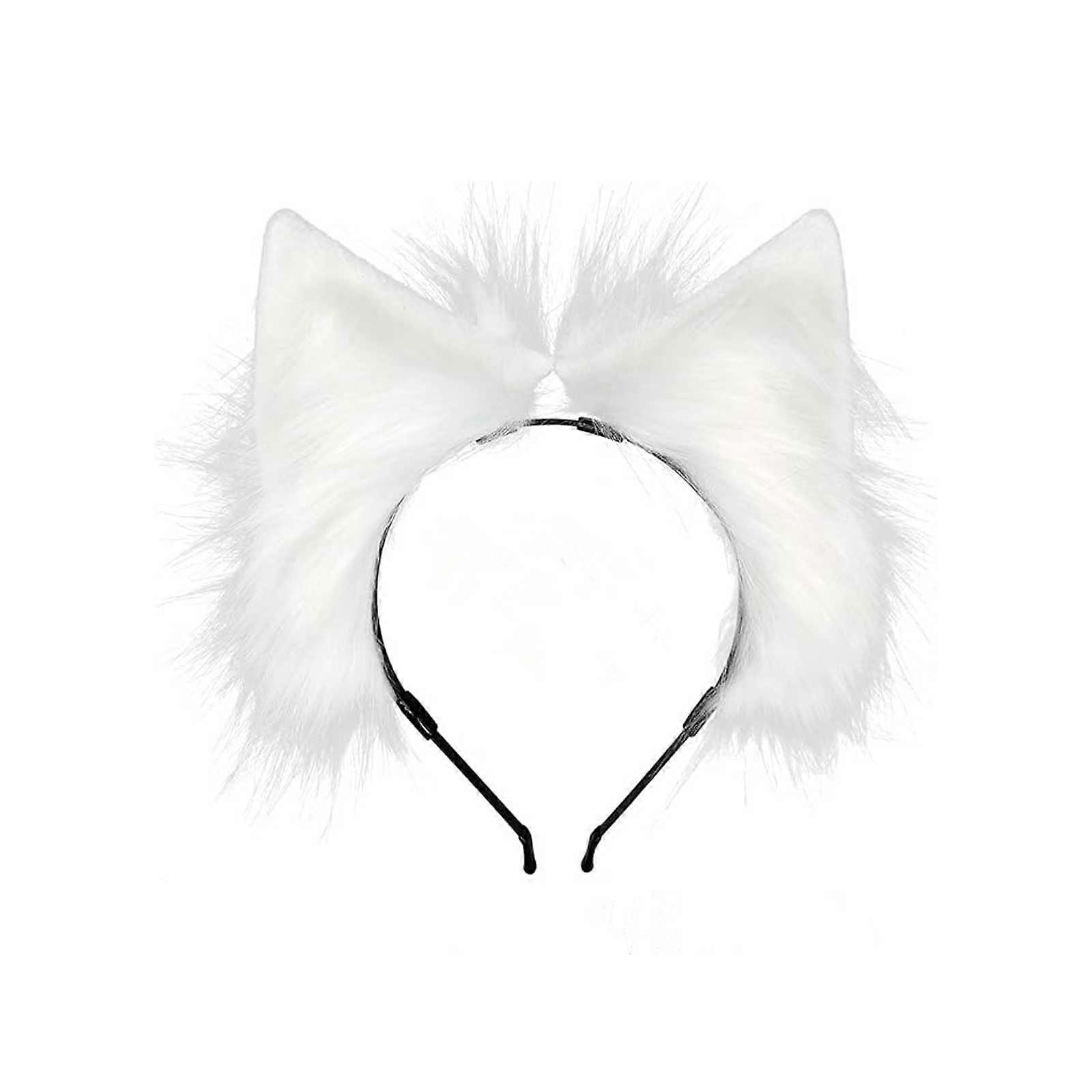 White Cat Ear Headband with Realistic Plush Wolf Fox Ears, Adjustable Cosplay Costume Accessory