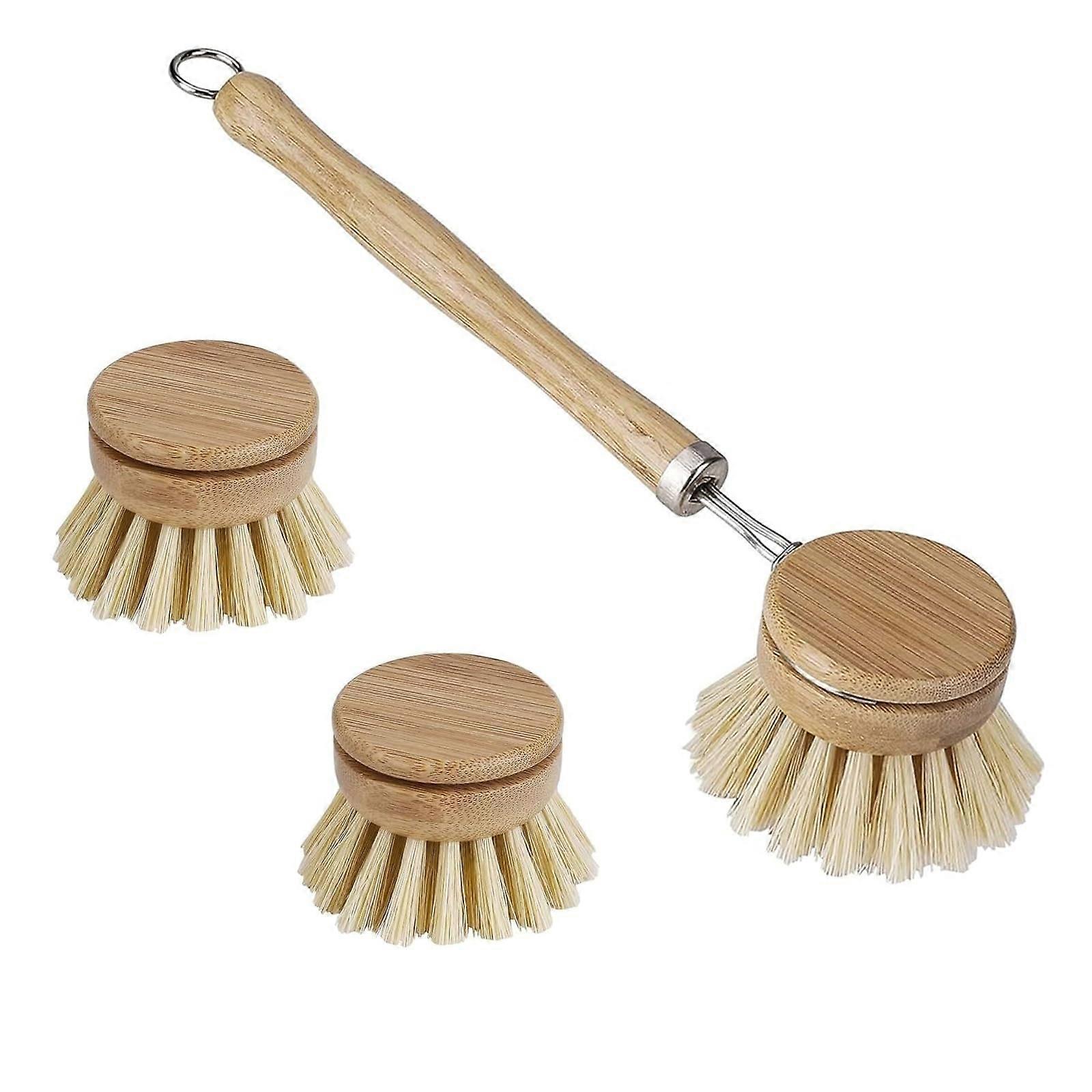 Bamboo Dish Brush Set with Long Handle EcoFriendly Interchangeable Heads Kitchen Scrubber