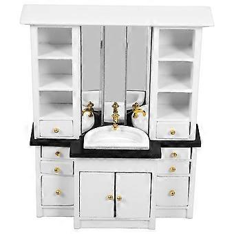 Miniatura de pia com armário de madeira para decoração de casa de bonecas branca