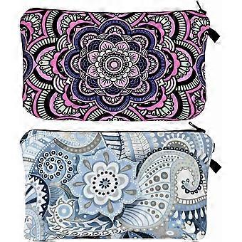 Trousse de maquillage 2 pièces Sac à cosmétiques pour femmes Trousses de toilette de voyage imperméables avec fermeture éclair Mandala Fleurs Petit sac de maquillage pour sac à main Accessoires spacieux ou
