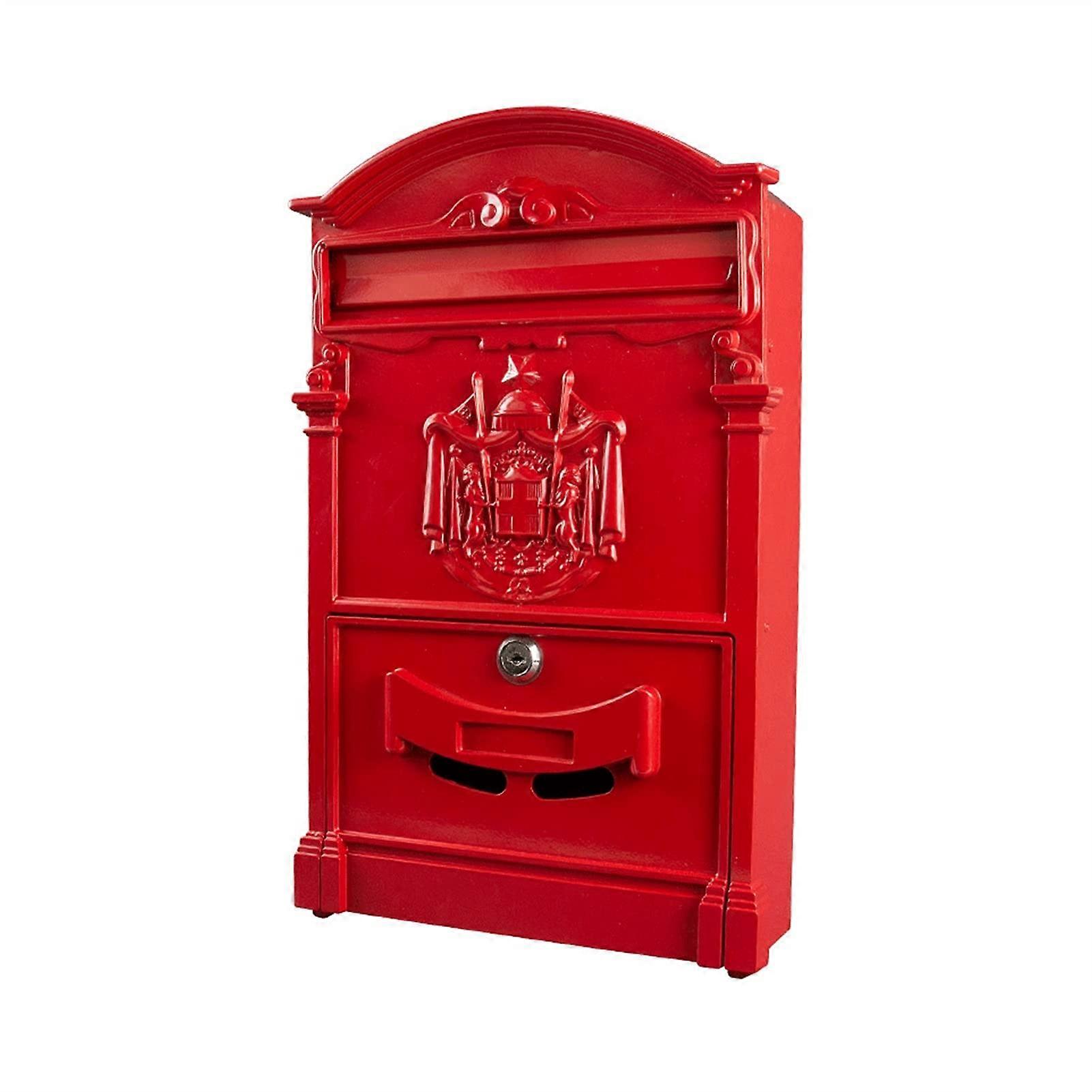 Lockable Wall Mount Mailbox Rustproof Cast Aluminum Large Capacity Retro Red Mail Drop Box
