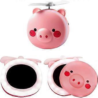 2 i 1 sød piggy mini kosmetisk ventilator LED spejl lys gris tegneserie håndholdt bærbar makeup håndspejl USB genopladelig til generelle formål