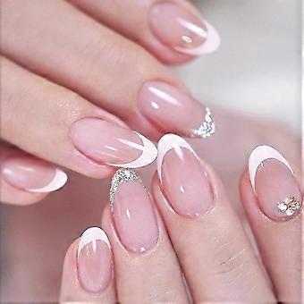 24 pièces Medium Glossy Almond faux ongles avec des pointes françaises blanches et des paillettes Designs Stick on Nail pour les femmes