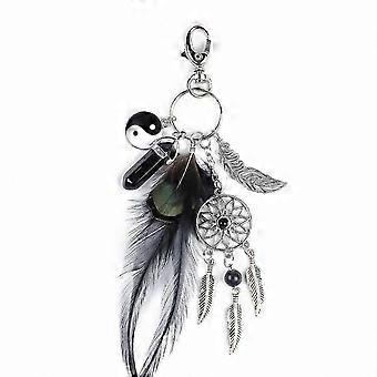 Boho Feather Keychain with Yin Yang Design - Stylish Backpack Accessory for Women